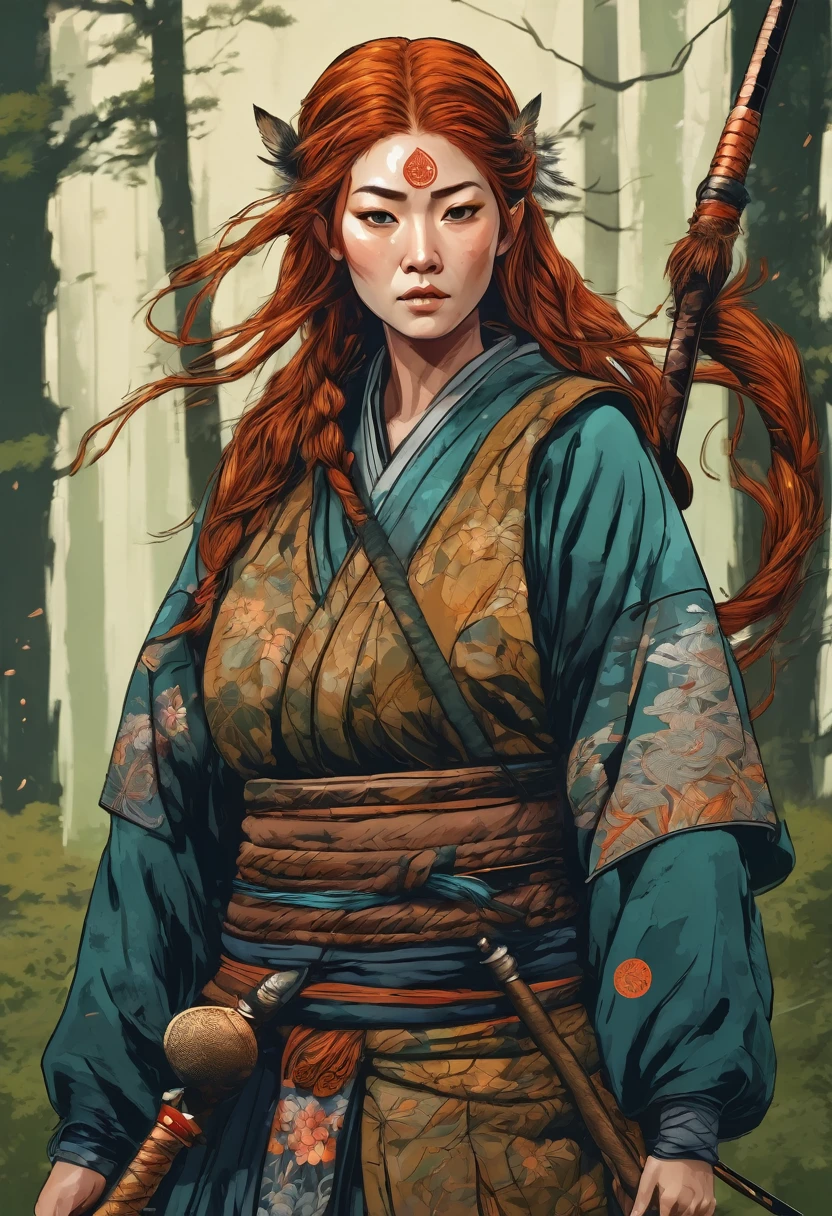 Beautiful wildling hunter woman, with copper hair, wielding a spear, beautiful forest backgroud, beautiful colors, contrasting colors, intricate detail, traditional Japanese style art.
