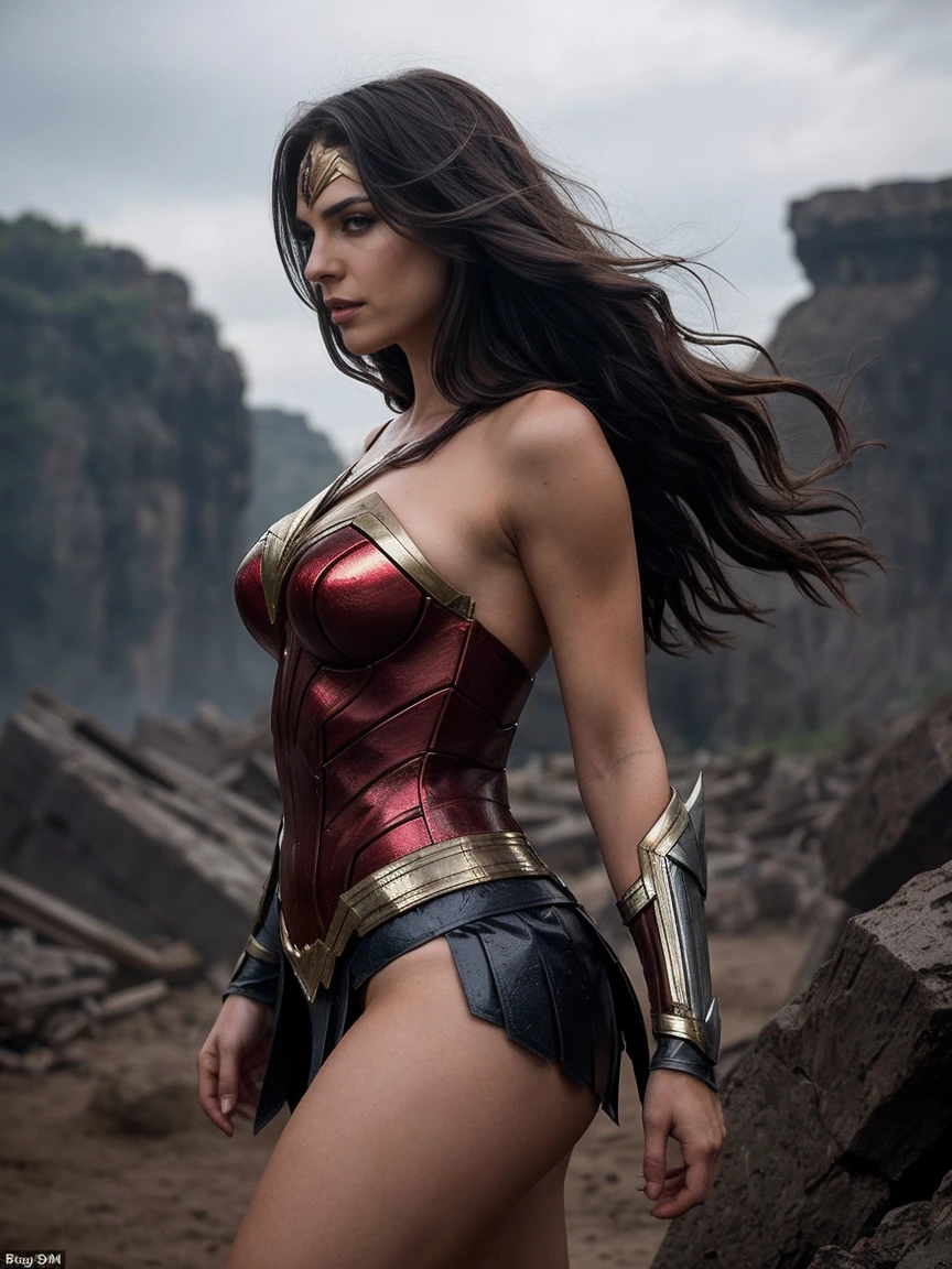 Create an image of a sexy and tall dark brunette with slightly wavy hair, standing at 175cm tall. The woman should be dressed as Wonder Woman, showcasing her hot armor and amazing physique with an hourglass silhouette. The background should be a destruction scene, adding to the dynamic and alluring nature of the image. The overall look and feel of the image should be that of a dynamic and alluring scene, with a focus on creating a dynamic and alluring image that showcases the woman's sex appeal as a superhero, viki odintcova
