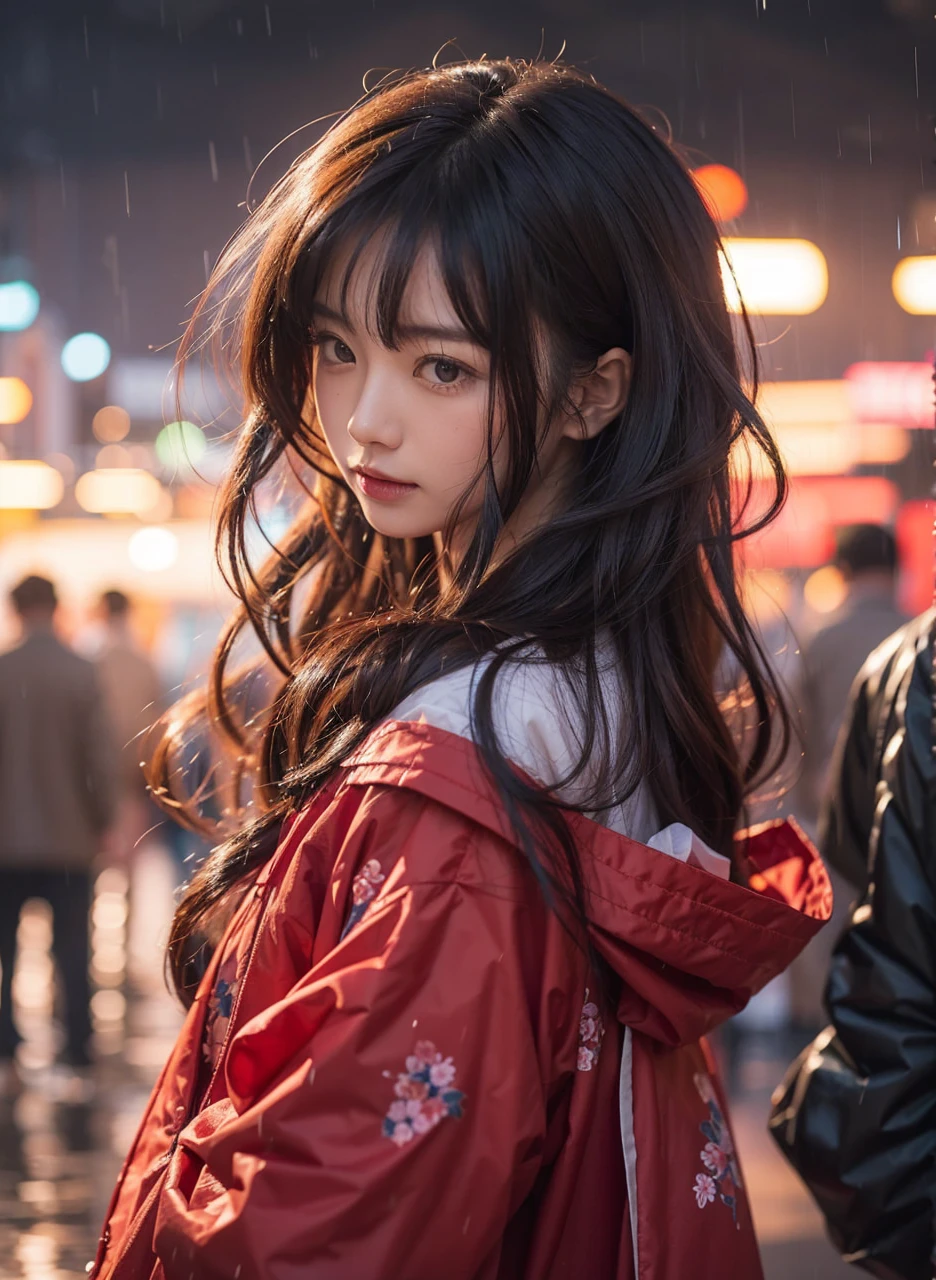 Beautiful Japanese Waifu, brunette hair, red flowery rain coat, in a rainy night