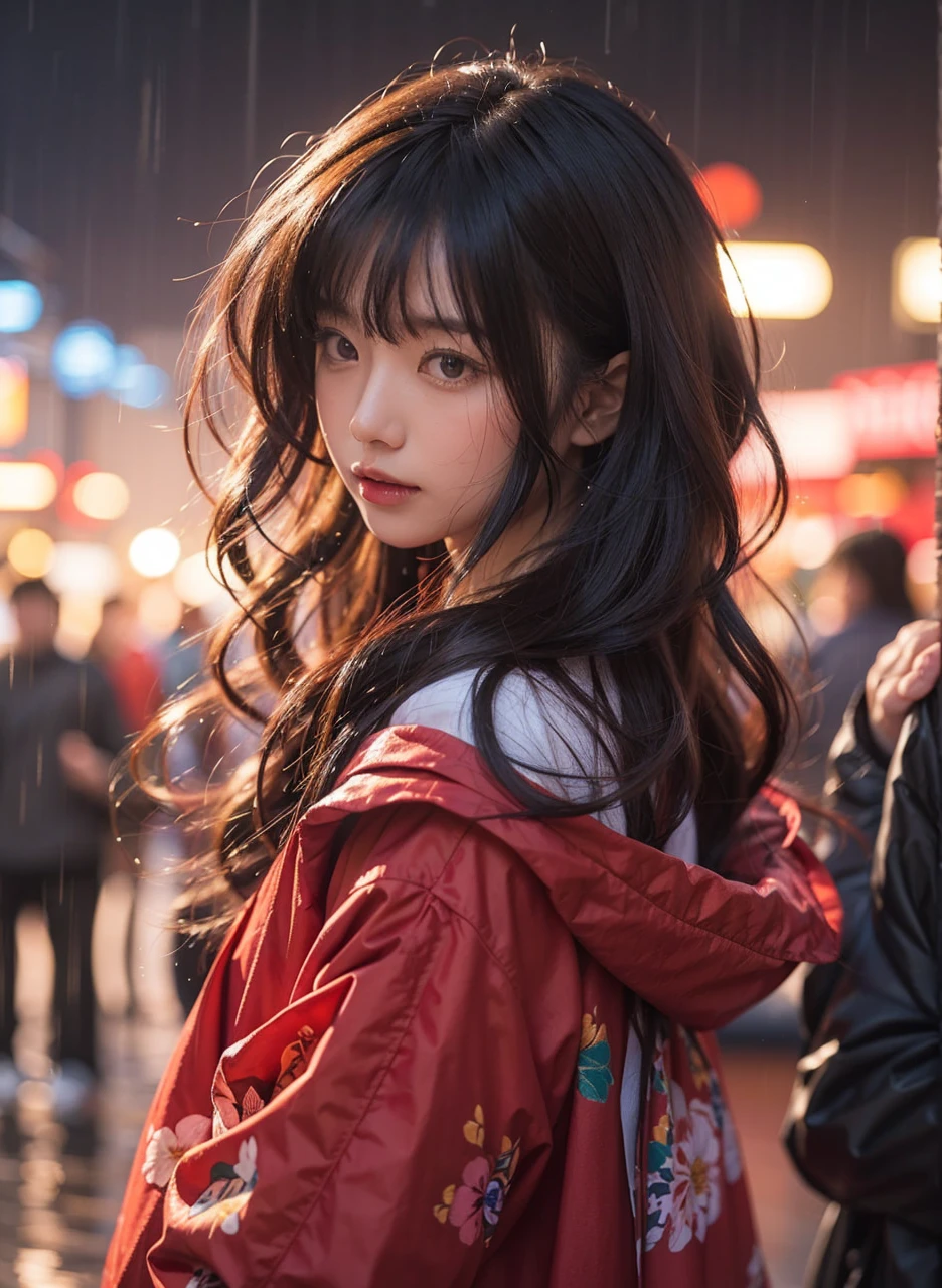 Beautiful Japanese Waifu, brunette hair, red flowery rain coat, in a rainy night