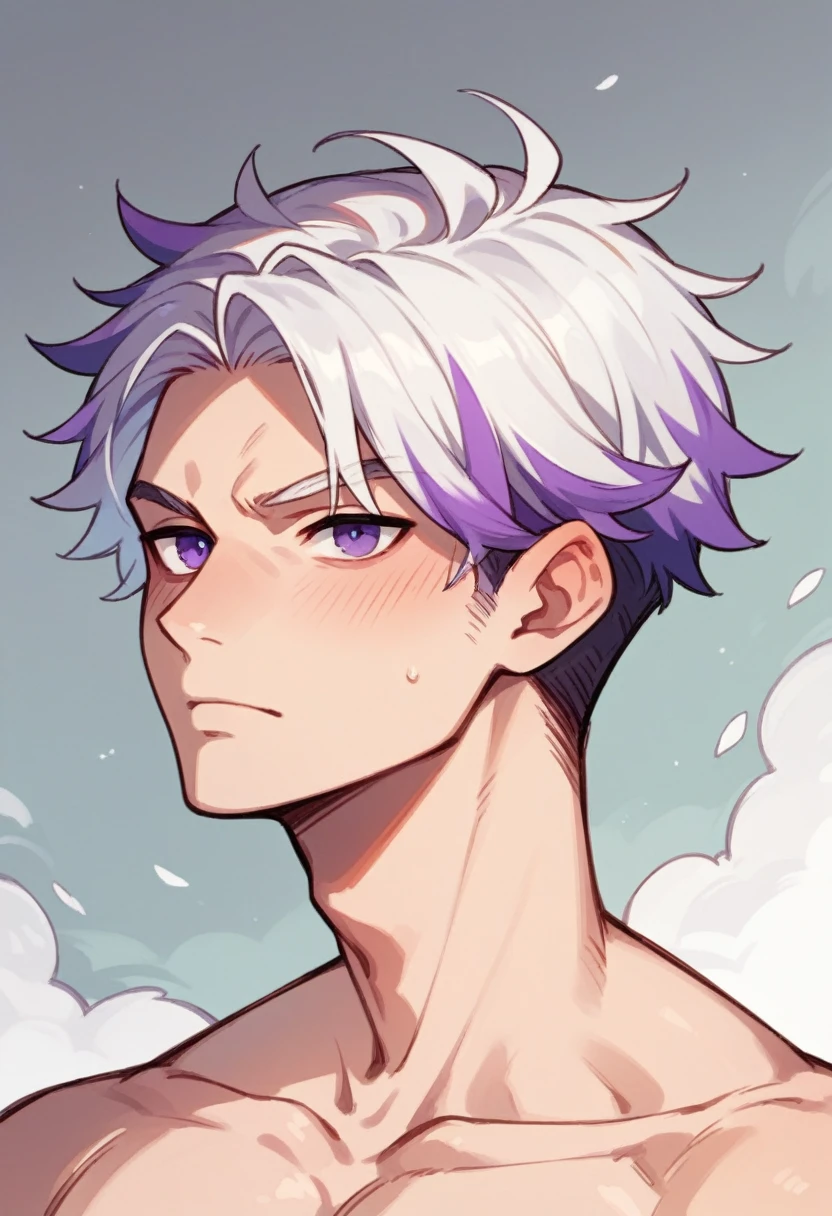 A boy with white hair with purple highlights, detailed purple eyes