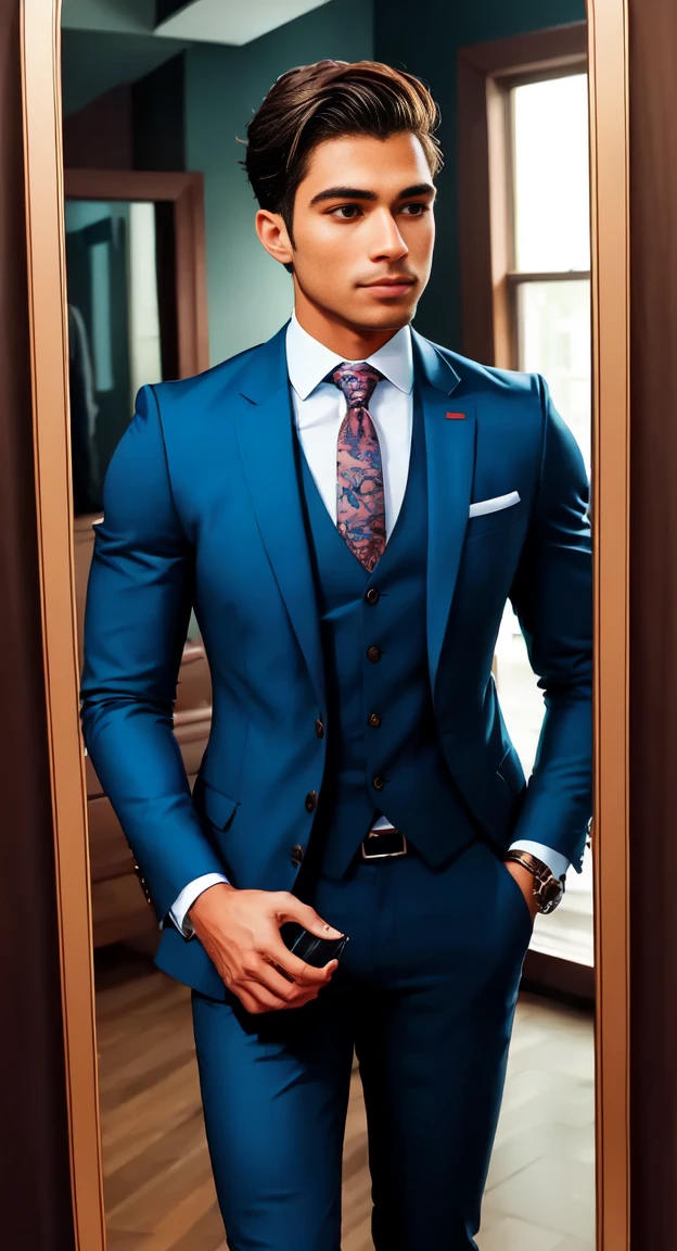 a poorly dressed guy looking in the mirror and on the other side a well dressed and successful guy in his life