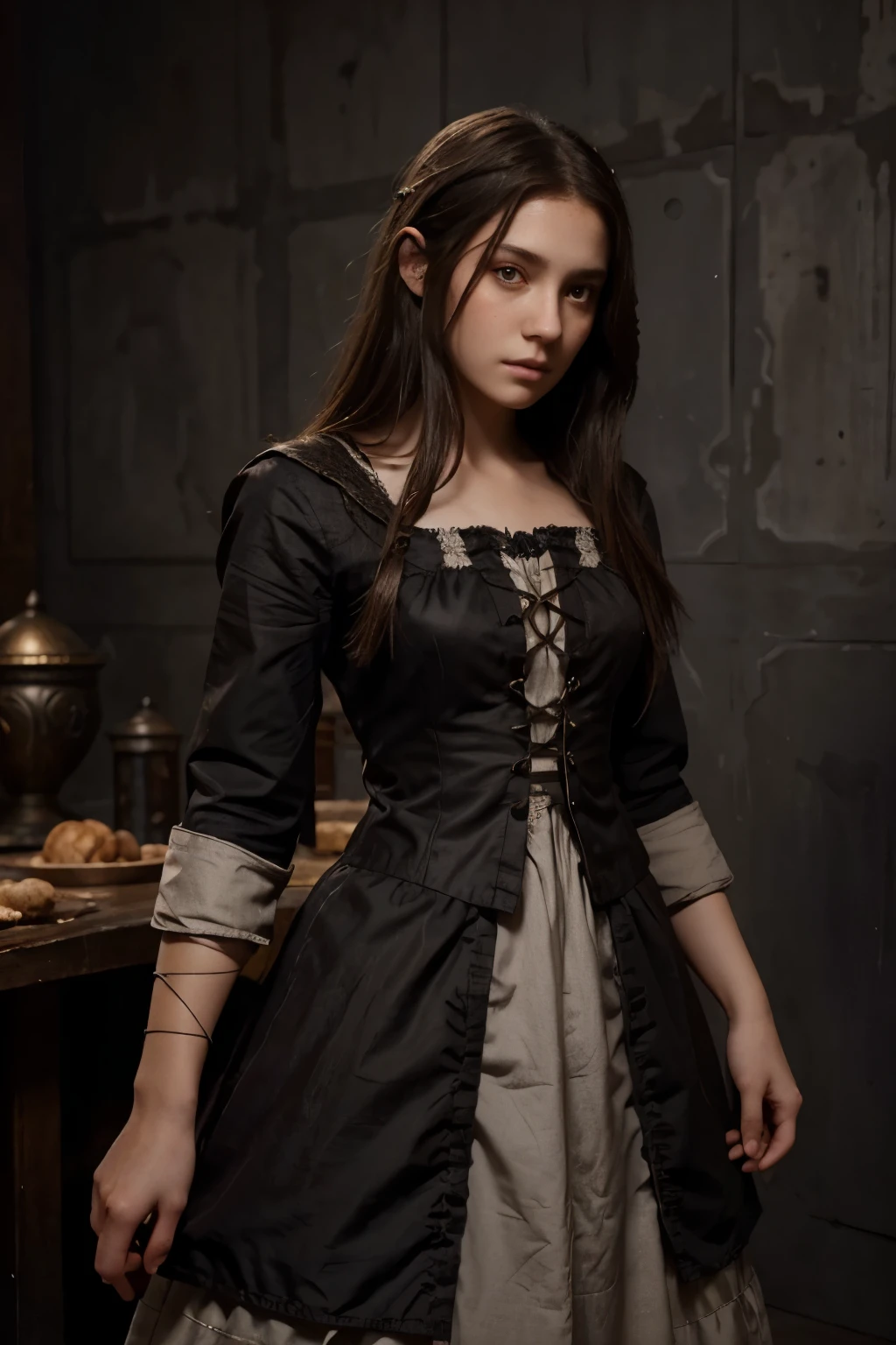 girl 15 years old with brown hair, slightly ashy straight hair, grey eyes, kind look, dark fantasy character design, , epic exquisite character art, dark fantasy art, Full view, Amazing character art. in peasant dress