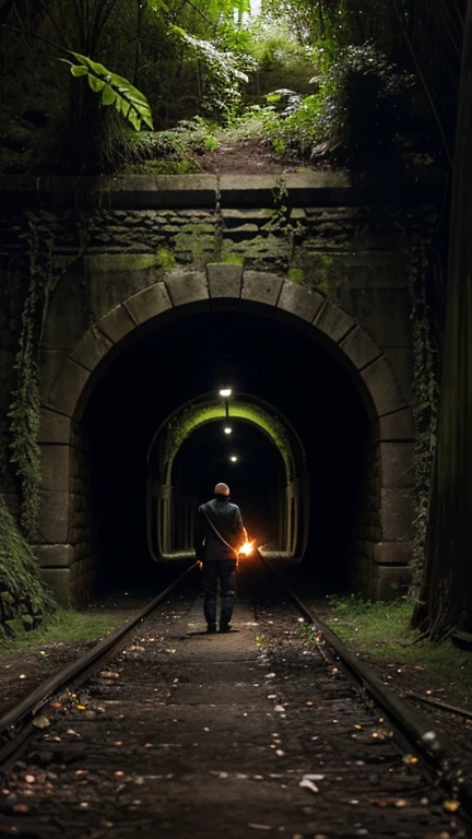 "A man stands in front of an old, abandoned railway tunnel, illuminated by torches along the pathway. The atmosphere is eerie and ominous. He holds a torch in one hand and a magical staff in the other. It's nighttime. The tunnel, now covered with banyan roots, resembles the open mouth of a rat. The tunnel serves as a secret entrance to a hidden temple."