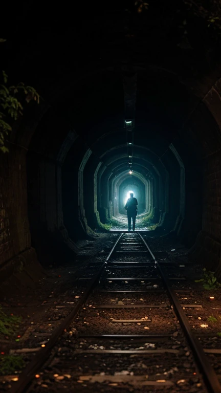 "A man stands in front of an old, abandoned railway tunnel, illuminated by torches along the pathway. The atmosphere is eerie and ominous. He holds a torch in one hand and a magical staff in the other. It's nighttime. The tunnel, now covered with banyan roots, resembles the open mouth of a rat. The tunnel serves as a secret entrance to a hidden temple."