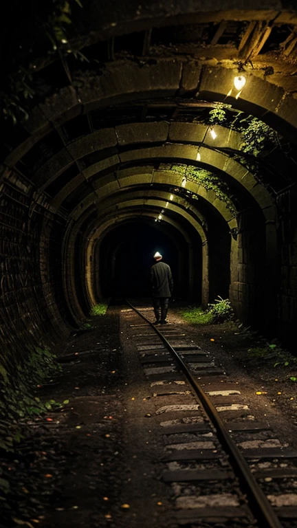 "A man stands in front of an old, abandoned railway tunnel, illuminated by torches along the pathway. The atmosphere is eerie and ominous. He holds a torch in one hand and a magical staff in the other. It's nighttime. The tunnel, now covered with banyan roots, resembles the open mouth of a rat. The tunnel serves as a secret entrance to a hidden temple."