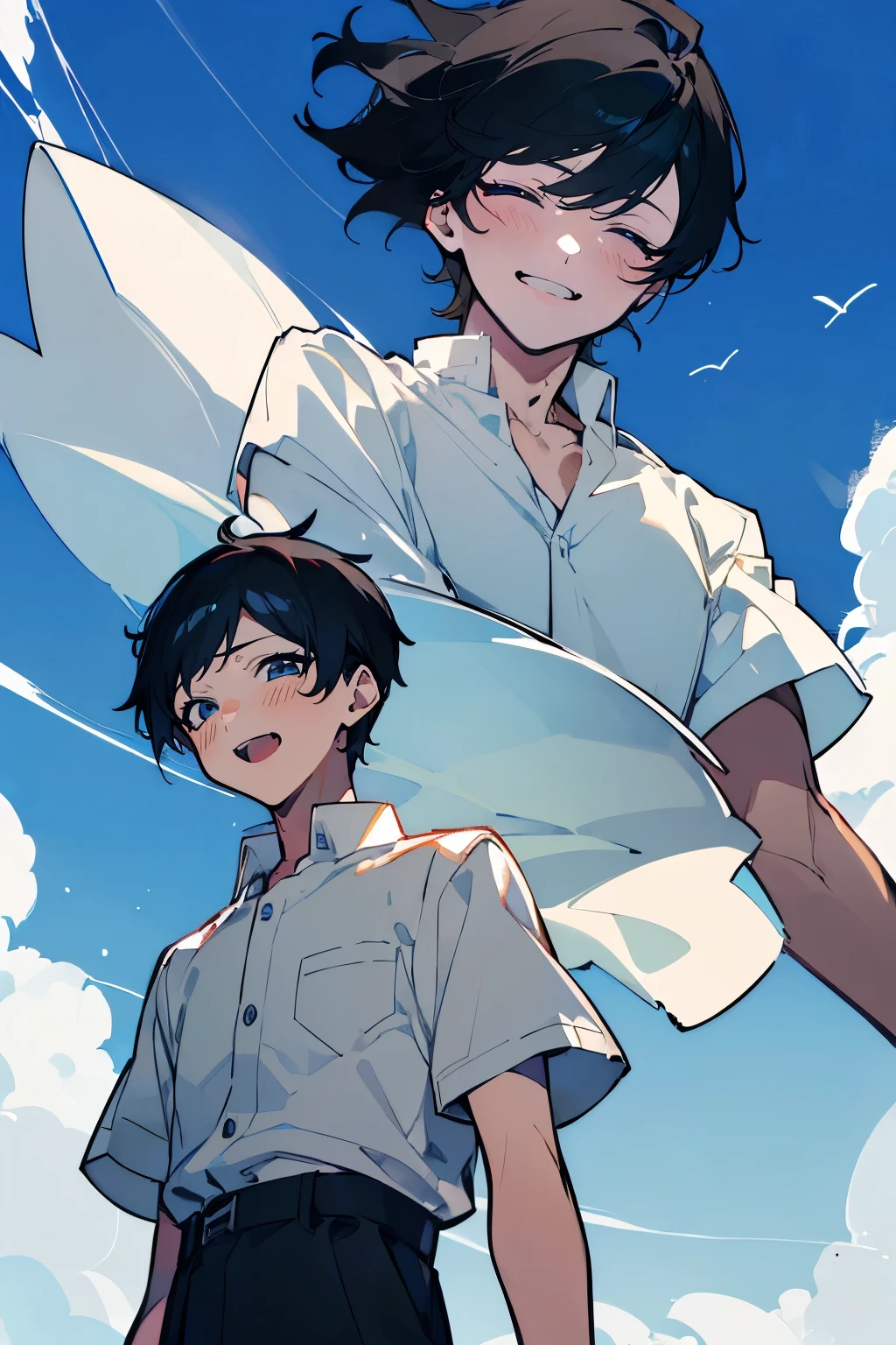 (Mastepiece), (Best Quality), Very detailed, (Two friendly boys:1.5)，Shooting from below、Solo Shooting，Perfect Face, Beautiful Face, Very detailed顔，(Black Hair:1.3)，(short hair:1.3)、(Happy Face:1.4)，(Laughing with your mouth open:1.3)，(White shirt:1.4)、(Hair blowing in the wind:1.4)，The atmosphere that seems to disappear，(blue sky_cumulonimbus)、summer、ephemeral、Sweat