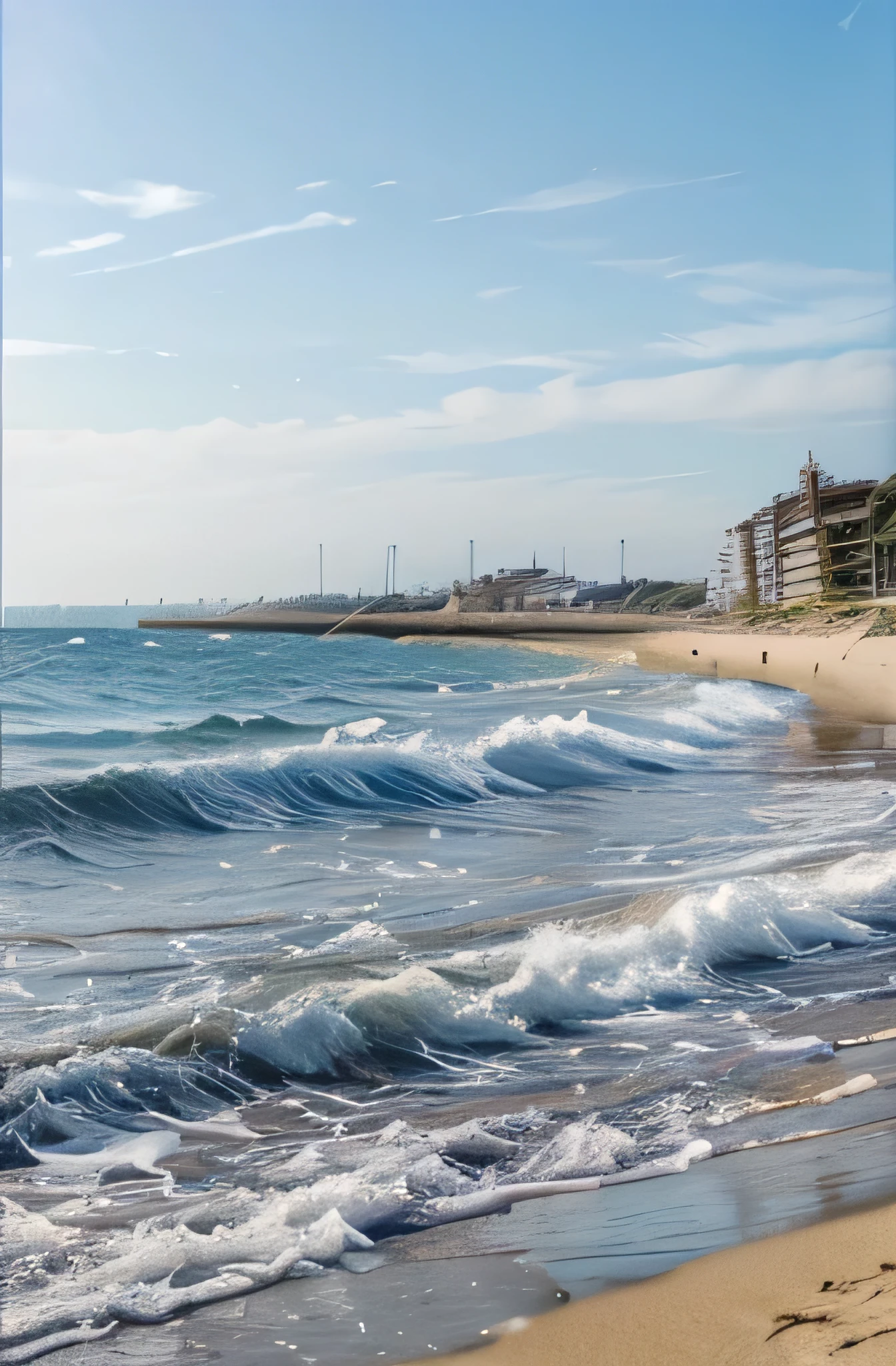 beach scene, shimmering waves, with fine, powdery sand stretching along the sea, with a clear blue sky overhead.
