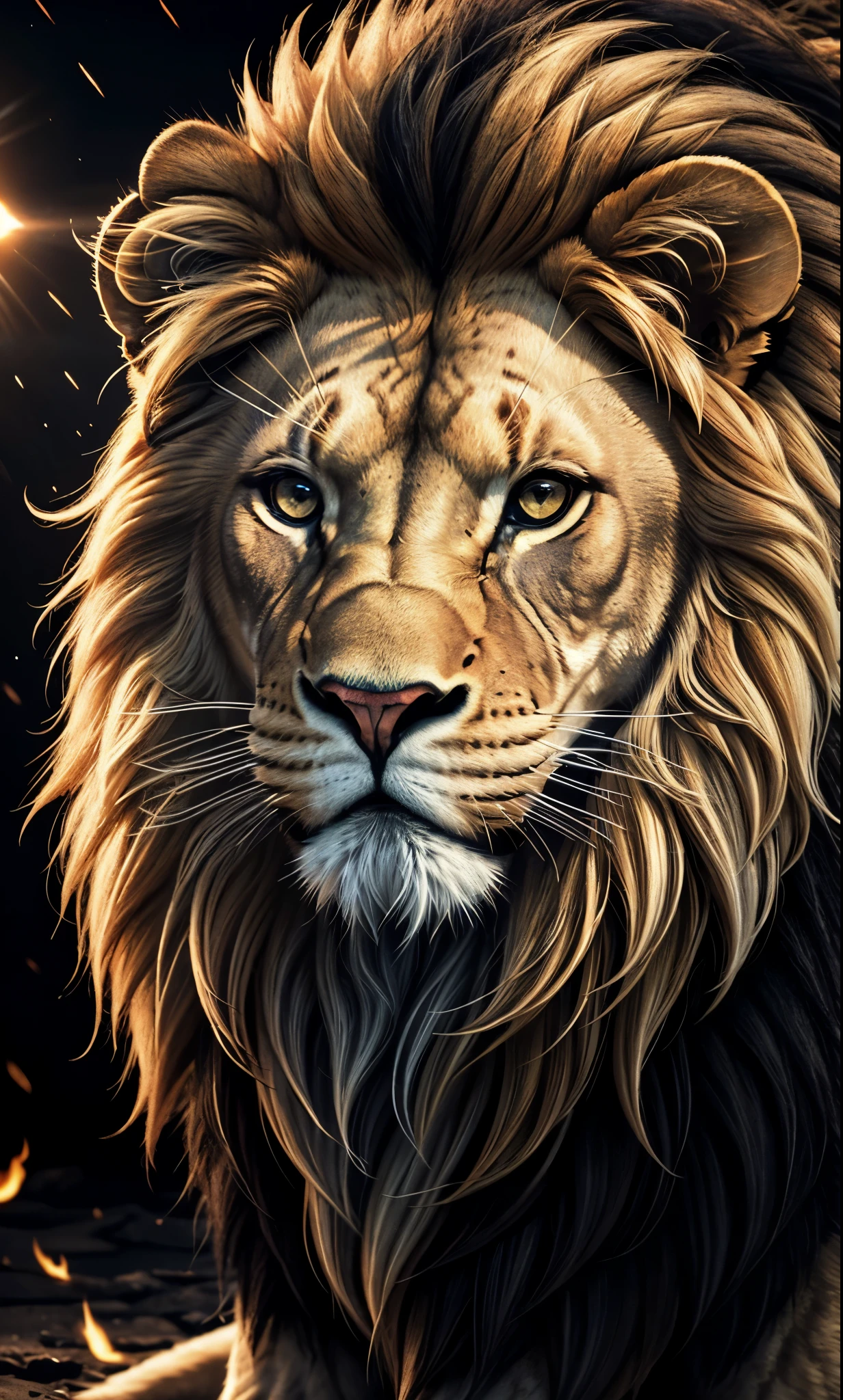 Lion, Divine Lion, naturals, naturals, ferocious, masculine, mighty, golden lion, Thunder Storm, fire rays, Photorealistic Lion, 4K PhotoRealism, Energy, Powerful Lion, Beautiful nature, Great Realistic Lion, FullHD 8K, Sky ligh, Sunset Night, Ligh Sky Sun, Balck Golden, black andwhite, black and gold, detailed realistic face, 8K Detailed Realistic White Lion, Ultrarealistic 8k |, Energia de thunder realista detalhada, Strong Creature realista detalhada, Strong Creature, Lion macho, Rendering, Fotorrealista 8K, UltraHD Alta definição 8K, Detailed Realistic 16K, Nitidez Fotorrealista 8K, 16K photorealistic textures, Contraste Fotorrealista 8K, Sombras Fotorrealistas 8K, Luzes Fotorrealistas 8K, Detailed realistic sunset, Detailed Realistic Lion Face, Detailed realistic light, detailed textures, thunder, detailed shadows, detailed colors, Celestial Electricity, Golden thunder, Lion realista, Ultra Realistic 16K, Realistic 16K, Realistic 16K sharpness, 16K photorealistic textures, 16K realistic colors, powerful creature, Majestic power, Power of Heaven, Great Divine, detailed contrast, realistic contrast, high resolution, detailed colors, fire, villany, divine creature, 8K, realistic detailed, 16K, 8K, High definition, detailed contrast, realistic contrast, high resolution, detailed colors, fire, villany, divine creature, realistic detailed, posh, chic