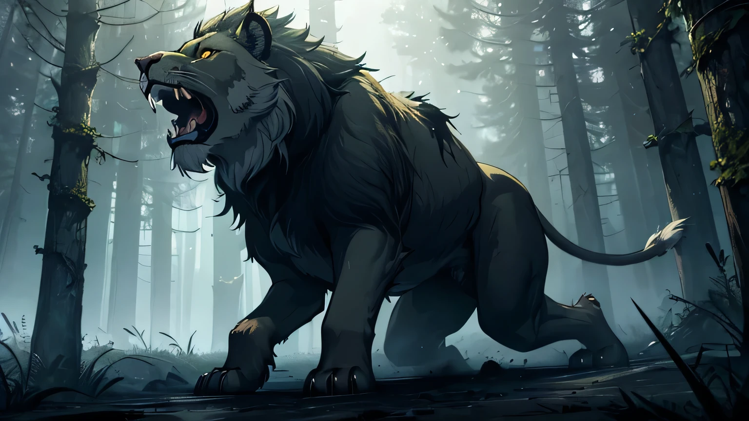 battle epic scene LION IN THE DARK bright yellow eyes, attacking with its claws a human into the air with ????????, hyper-realistic forest, gloomy and mysterious, cinematic lighting, intricate details, 8k, high quality, photorealistic, dramatic, powerful, epic battle scene