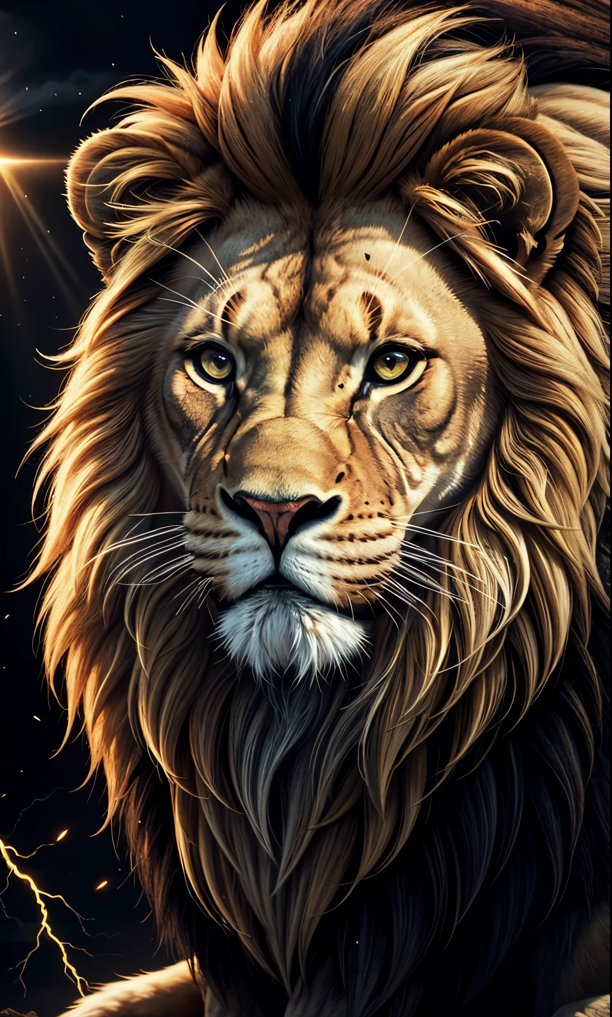 Lion, Divine Lion, naturals, naturals, ferocious, masculine, mighty, golden lion, Thunder Storm, fire rays, Photorealistic Lion, 4K PhotoRealism, Energy, Powerful Lion, Beautiful nature, Great Realistic Lion, FullHD 8K, Sky ligh, Sunset Night, Ligh Sky Sun, Balck Golden, black andwhite, black and gold, detailed realistic face, 8K Detailed Realistic White Lion, Ultrarealistic 8k |, Energia de thunder realista detalhada, Strong Creature realista detalhada, Strong Creature, Lion macho, Rendering, Fotorrealista 8K, UltraHD Alta definição 8K, Detailed Realistic 16K, Nitidez Fotorrealista 8K, 16K photorealistic textures, Contraste Fotorrealista 8K, Sombras Fotorrealistas 8K, Luzes Fotorrealistas 8K, Detailed realistic sunset, Detailed Realistic Lion Face, Detailed realistic light, detailed textures, thunder, detailed shadows, detailed colors, Celestial Electricity, Golden thunder, Lion realista, Ultra Realistic 16K, Realistic 16K, Realistic 16K sharpness, 16K photorealistic textures, 16K realistic colors, powerful creature, Majestic power, Power of Heaven, Great Divine, detailed contrast, realistic contrast, high resolution, detailed colors, fire, villany, divine creature, 8K, realistic detailed, 16K, 8K, High definition, detailed contrast, realistic contrast, high resolution, detailed colors, fire, villany, divine creature, realistic detailed, posh, chic