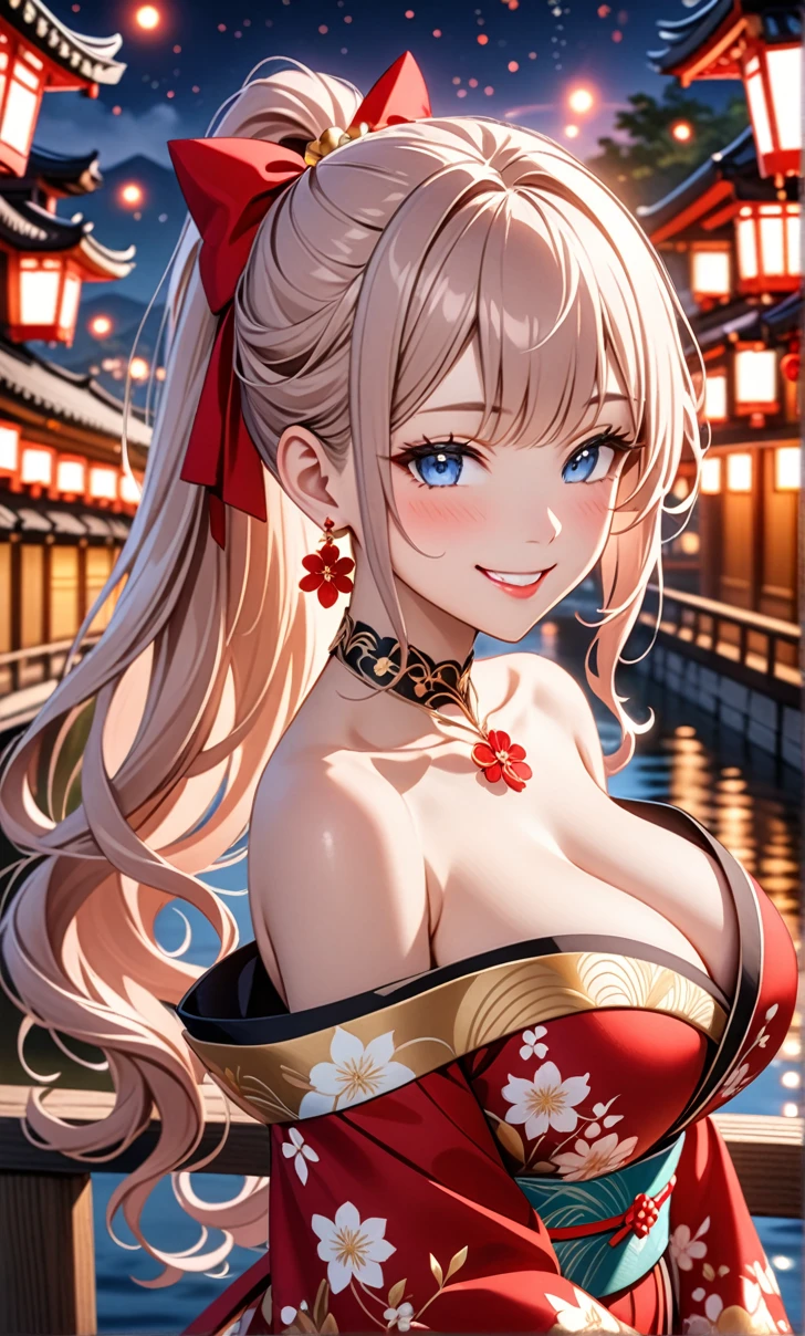 ultra-detailed, ((one girl)), in pastel color girl, hyper detailed, absurdres, 8K, Beautiful Face, (Laugh shyly), ((teasing smile:1.8)), ((Wink:1.8)), (Laugh with your mouth wide open),(Tilt your head:1.3), View your viewers, ((Bright red cheeks:1.6)),Glossy Red Lips, ((Big Breasts:1.5)), (valley),night, Riverside,On Bridge, firework, (Brighten your face), ((Anime style background)),masterpiece, Highest quality, so beautiful,Latest, Complex details, (Pink long nails), (nail art), (ring),(bracelet), (Floral Choker),AI-generated, Complex,High resolution, Highest quality, super high quality,3D Images、3D Images,One person,White long hair,(High Ponytail), (wavy hair:1.3), Fair-skinned anime woman posing for a photo, ((Fine grain、blue eyes、glowing eyes:1.4)), (Squint your eyes:1.1),a hyperRealistic , hyperRealistic , Realistic, Anime woman with long white hair, Smooth anime CG art, A girl in a gorgeous kimono with gold embroidery, ((black furisode:1.3)),(Red floral pattern) ,Long flower hair ornament,Floral Earrings,Mature Body, tall,Abdominal muscles,Narrow waist,((arched back:1.9)), (front view),