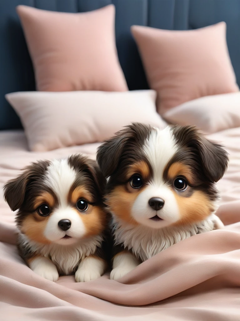 With the sunset in the background,(masterpiece:1.2, high quality), Several Shetland Sheepdog puppies sleeping snuggled up together in bed、