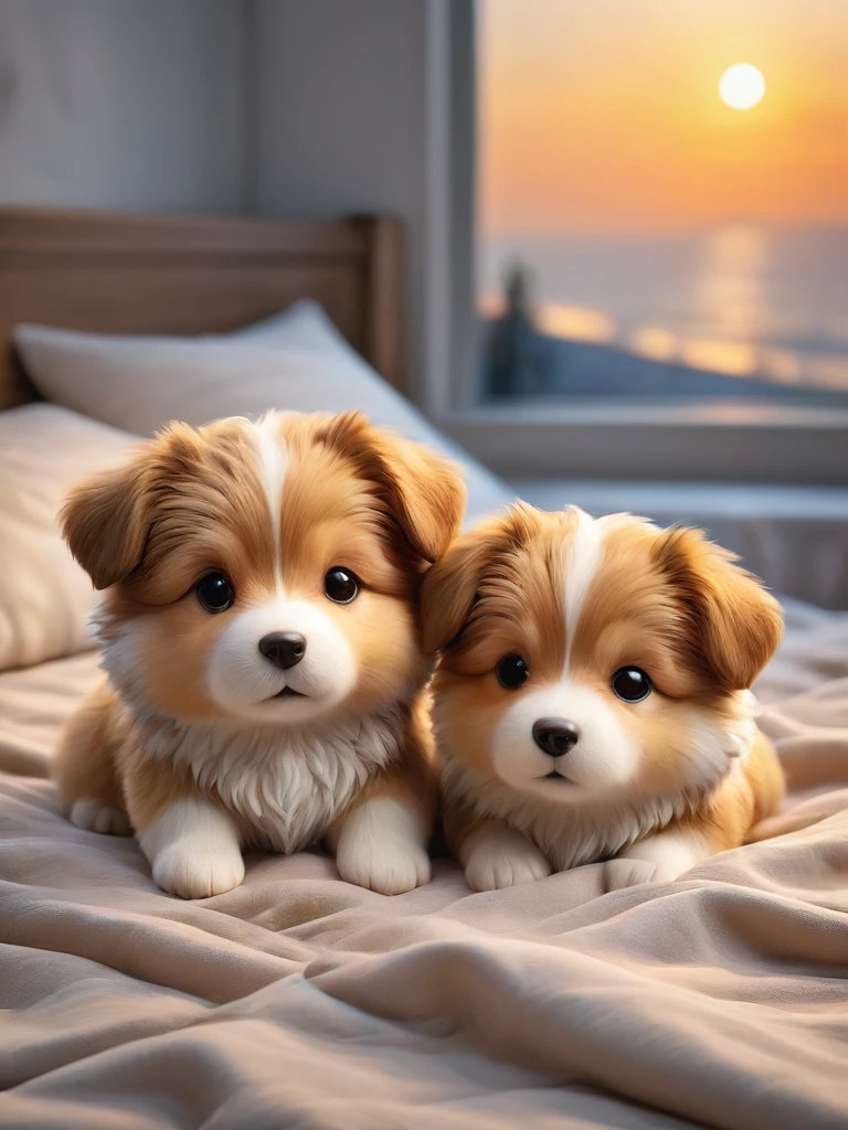 With the sunset in the background,(masterpiece:1.2, high quality), Several Shetland Sheepdog puppies sleeping snuggled up together in bed、