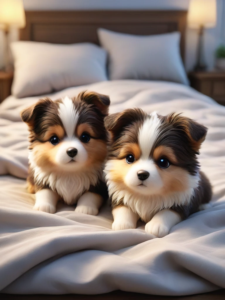 With the sunset in the background,(masterpiece:1.2, high quality), Several Shetland Sheepdog puppies sleeping snuggled up together in bed、