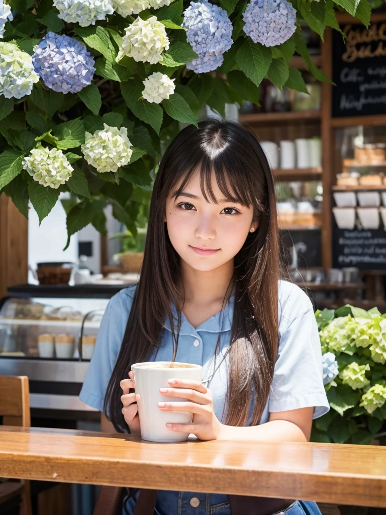 An 18-year-old girl who works at a café surrounded by hydrangeas  