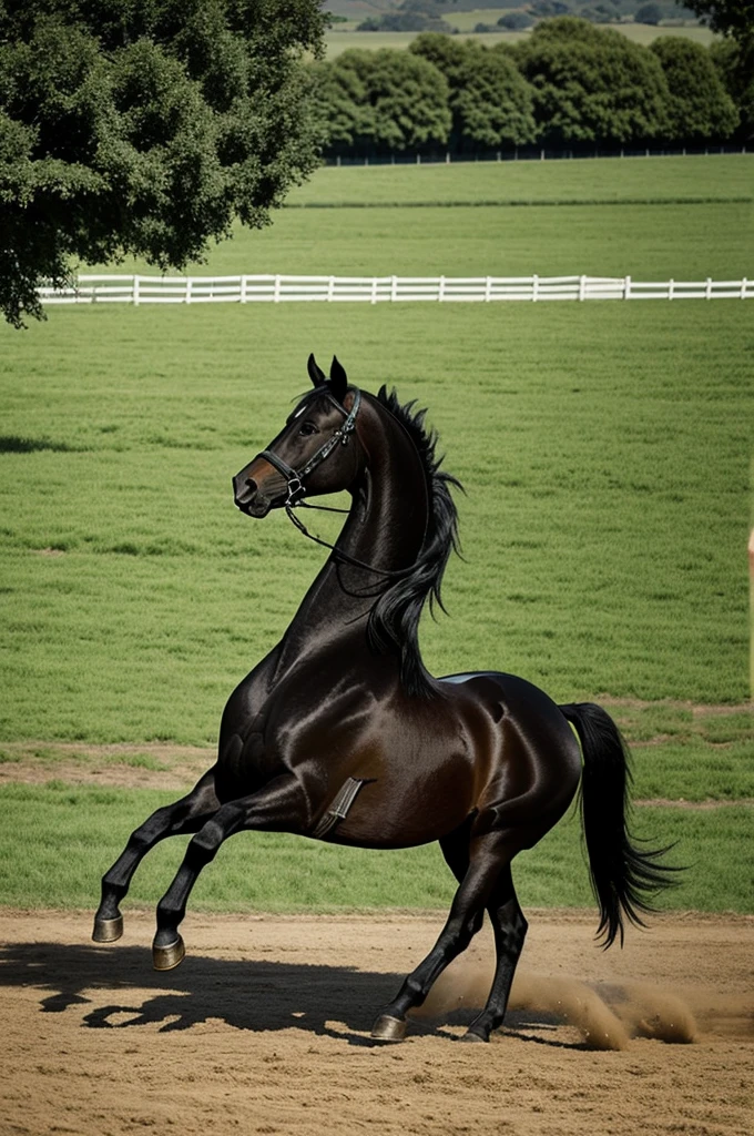 Black horse dancing in a green area that looks like a stable