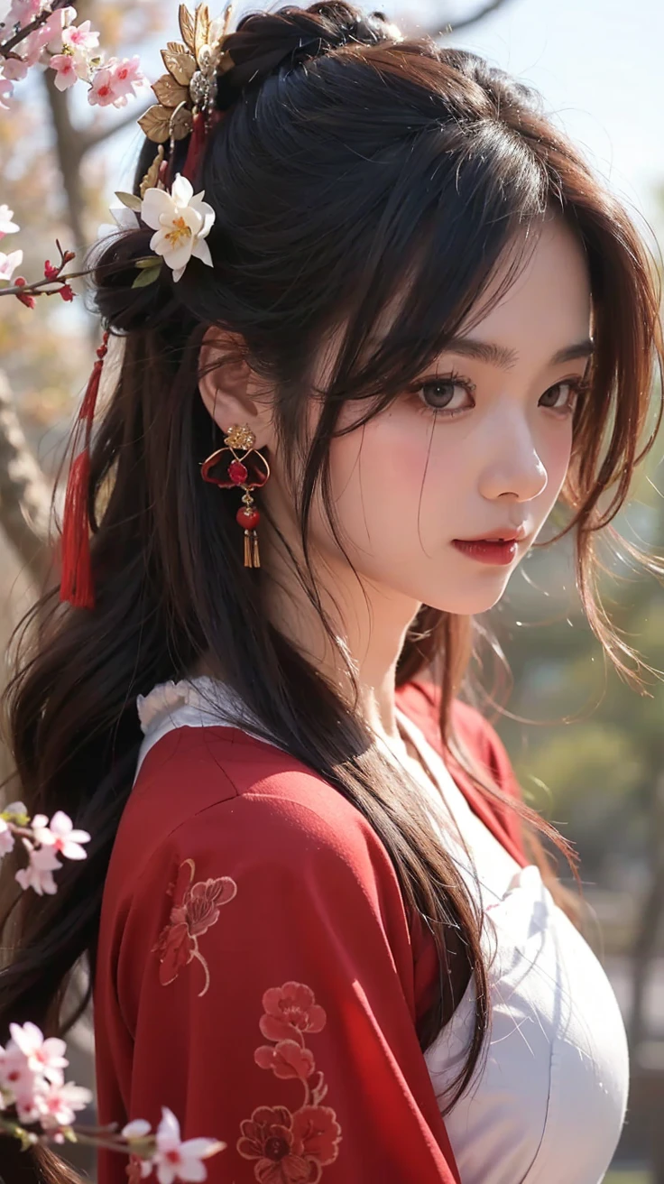 Beautiful Japanese Waifu, brunette hair, traditional chinese dress, ruby hair decoration, ruby earrings 