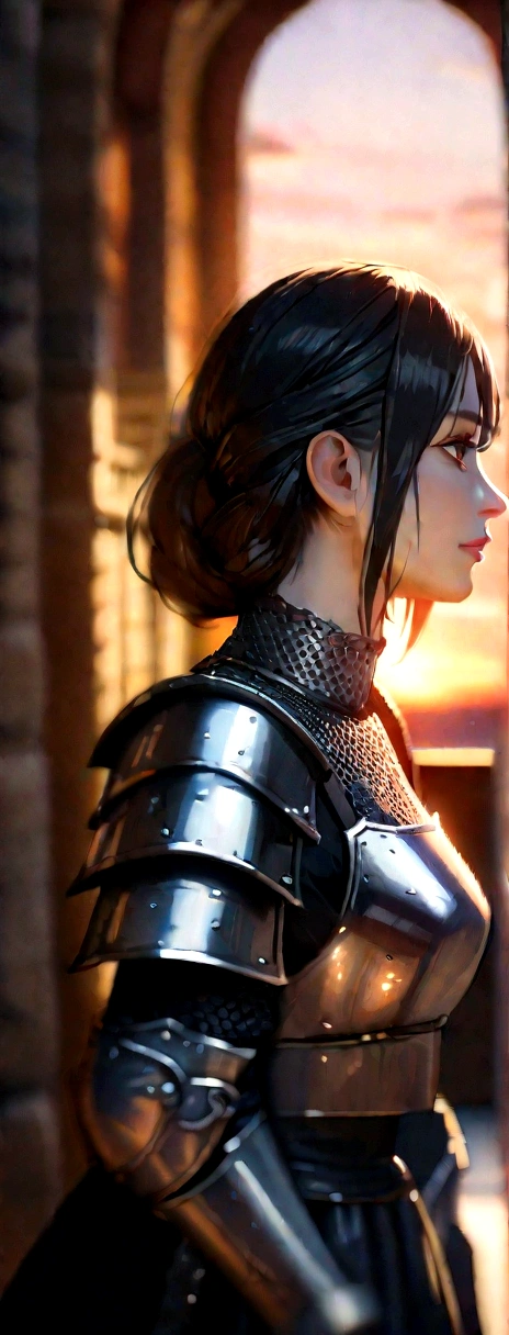 (masterpiece), (extremely intricate:1.3), (realistic), portrait of a girl, the most beautiful in the world, (medieval armor), metal reflections, upper body, outdoors, intense sunlight, far away castle, professional photograph of a stunning woman detailed, sharp focus, dramatic, award winning, cinematic lighting, octane render unreal engine, volumetrics dtx, (film grain, blurry background, blurry foreground, bokeh, depth of field, sunset, motion blur:1.3), chainmail
