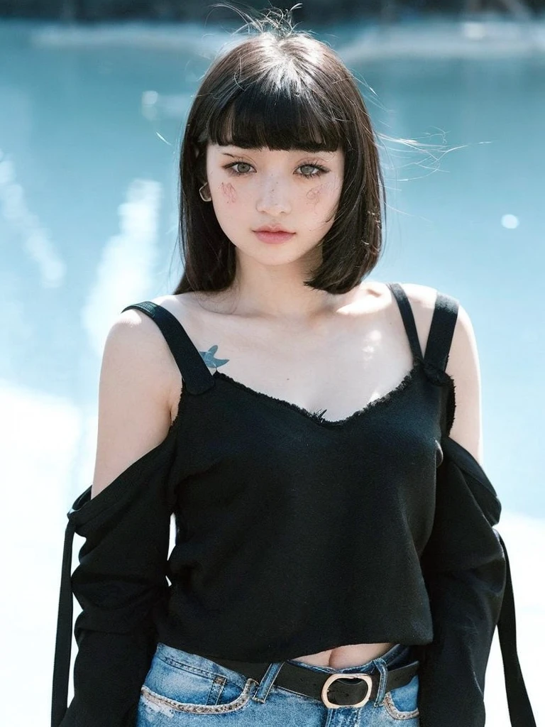Pale age girl with silky black hair and bangs above her eyebrows, with small pink lips and a potato nose and light green eyes, taking a photo looking at the camera with a serious look and the sun hitting your face and good quality