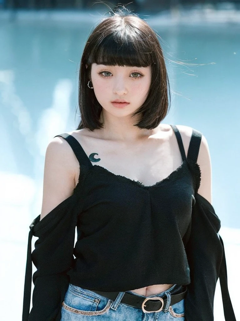 Pale age girl with silky black hair and bangs above her eyebrows, with small pink lips and a potato nose and light green eyes, taking a photo looking at the camera with black pencil around your eyes and the sun shining on your face and good quality