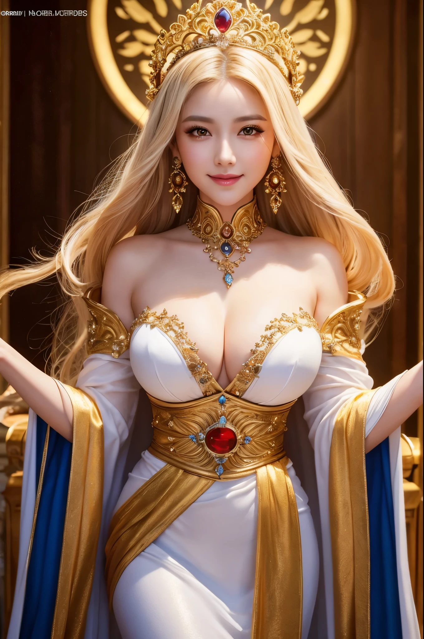 8K,Empress goddess wearing a gorgeous white dress, Blonde,Mature goddess with very very large breasts,Super Beauty(Like the real thing)Ultra-realisticな肌,sexy goddess costume,Beautiful long white hair,Delicate and detailed golden decoration,Fan Art Best Art Station, ig model | art gelm, Beautiful Fantasy Empress, art gelm. Highly detailed ArtGerm, 2. 5d cgi anime fantasy artwork, wlop and ross tran, ((Beautiful Fantasy Empress)), Trending on cgstation, Ross Tran and WLOP,big earrings with red gems,とても優しいsmile,very large firm breasts,,A mature motherly goddess,Look at the viewers,Golden Eyes,Goddess of Beauty,Rich colors, Backlight, Cinema Lighting, Film Grain, 50mm lens, Nikon D850,smile,Ultra-realistic,Photorealistic RAW photos of the highest quality,Makeup,