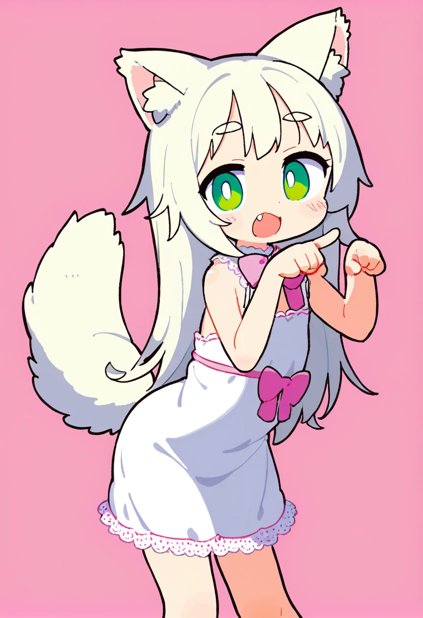 1girl, solo, wolf ears, wolf tail, green eyes, long hair, white hair, white dress, lace_trim, flat chest, cat ear, sleeveless, cat pose, d, fang, pink bow, pink polka dot and white background, simple background