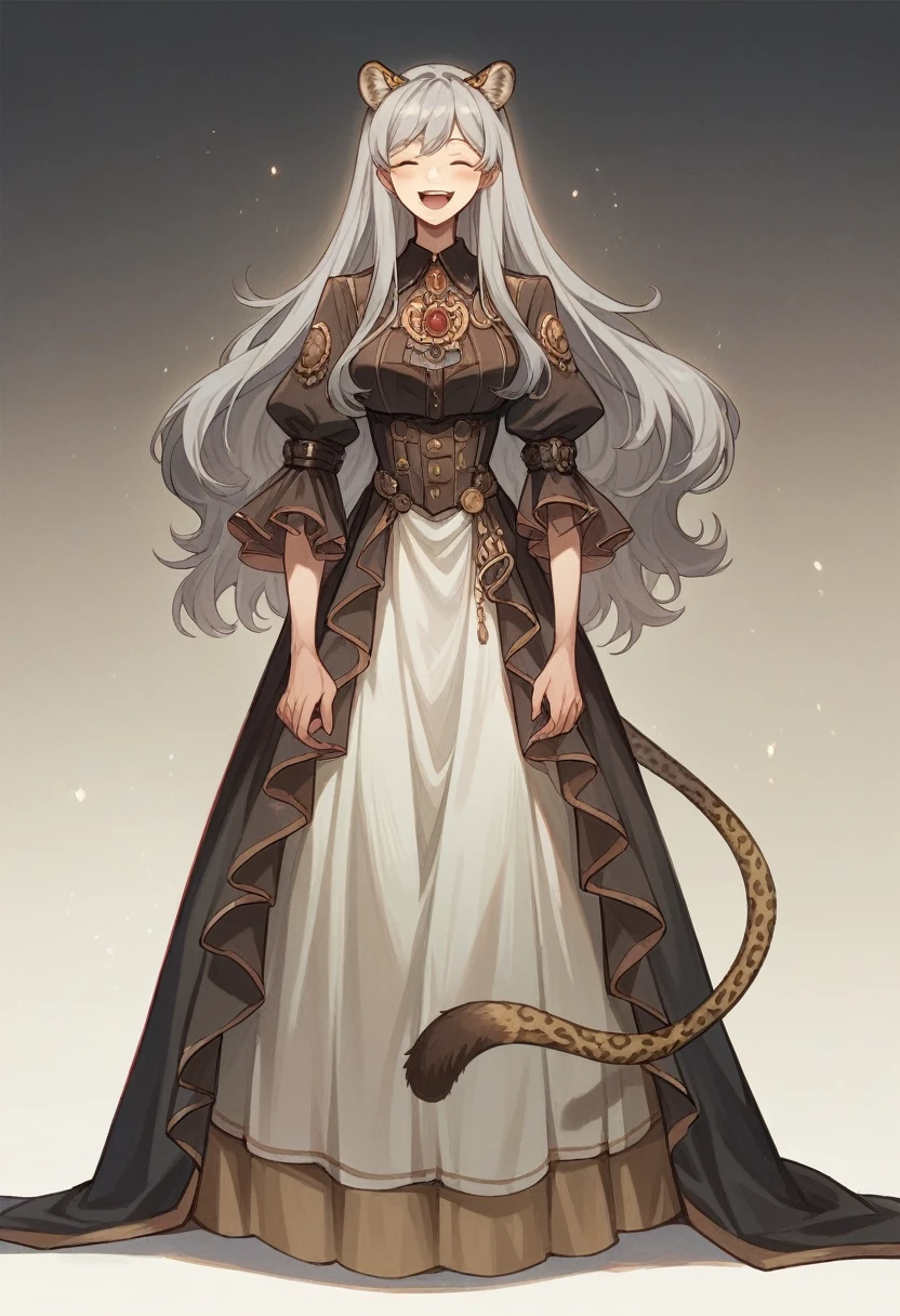((Highest quality)), ((masterpiece)), (detailed), Gray-haired woman、expensive、Leopard Ears、Panther tail、Long Hair、Standing posture、Laughing、smile、steampunk、Long skirt、1 person、Facing directly ahead