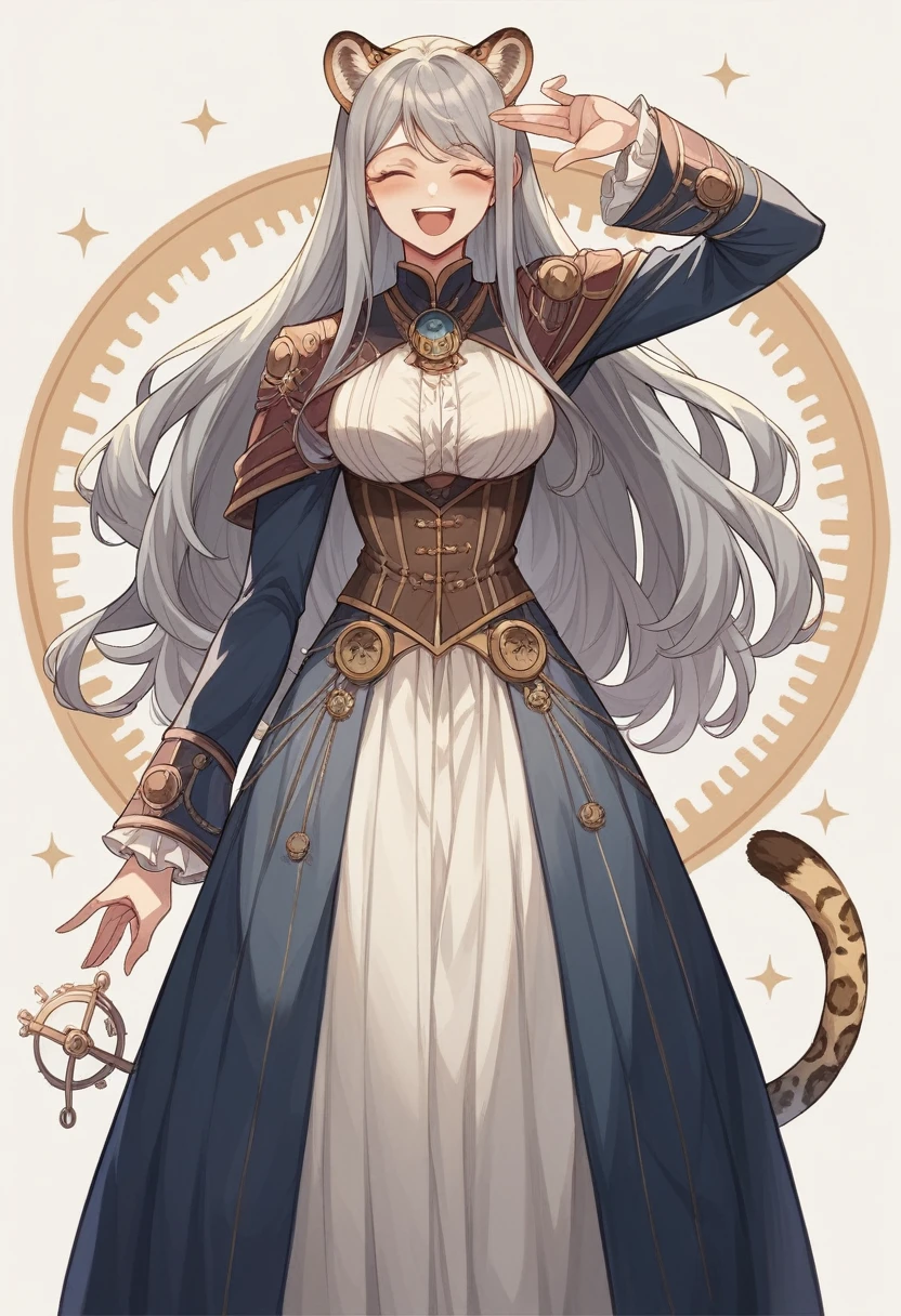 ((Highest quality)), ((masterpiece)), (detailed), Gray-haired woman、expensive、Leopard Ears、Panther tail、Long Hair、Standing posture、Laughing、smile、steampunk、Long skirt、1 person、Facing directly ahead