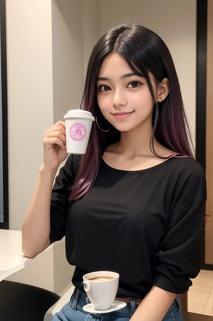 An 18 year old girl with light black skin, dark pink hair, wearing a simple black blouse. She is holding a cup of coffee and giving a slight smile