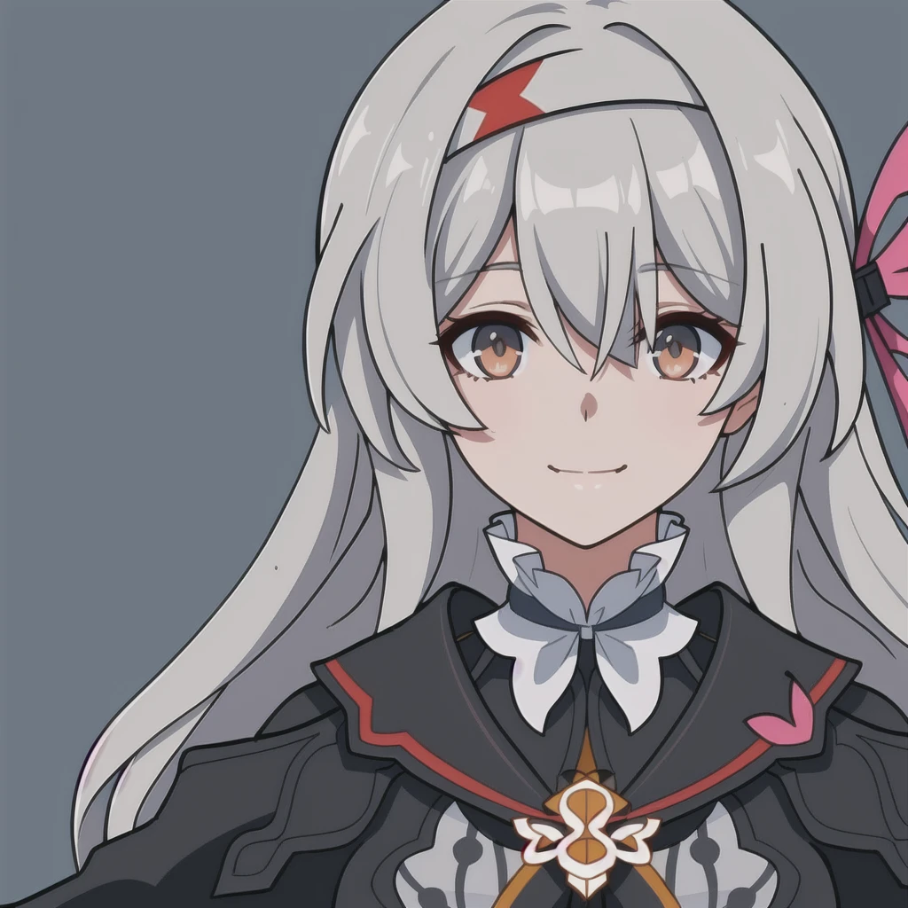 anime girl, smile, happy expression, light grey hair, firefly, dark brown clothes, 1girl, masterpiece, (beautiful and aesthetic:1. 5), thick black lineart, clean lineart, perfect lineart, variable lineart, clean anime outlines, intense line art, bold lineart, sharp lineart, best quality, high quality, best quality, ultra-detailed, colourful, saturated colours, dynamic lighting, HD,