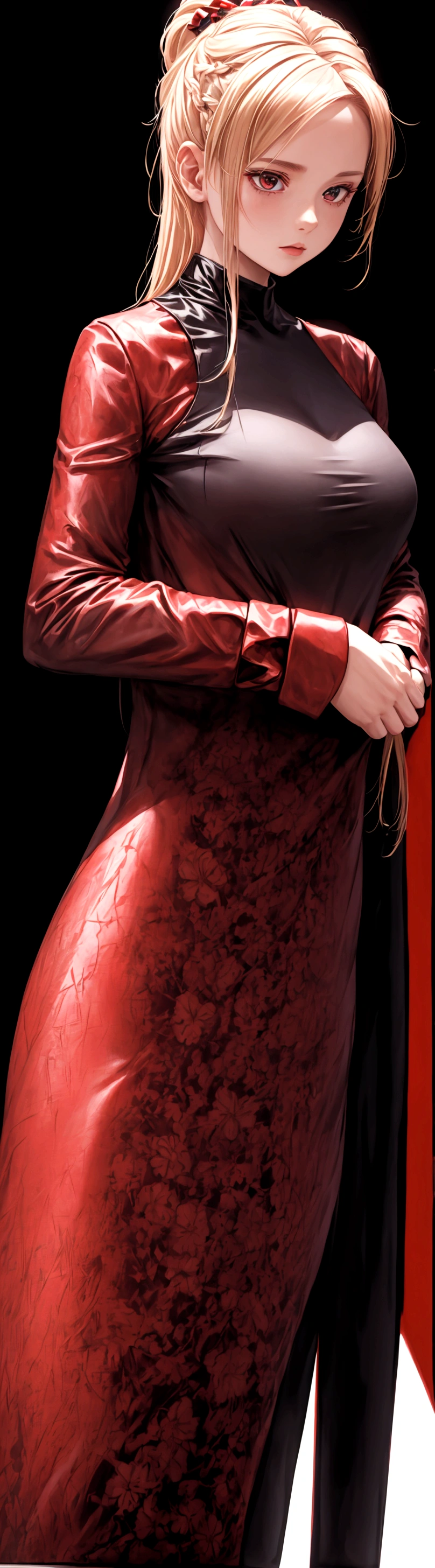 The image features a female character with blonde hair, wearing a black and red outfit while standing in front of a colorful backdrop.