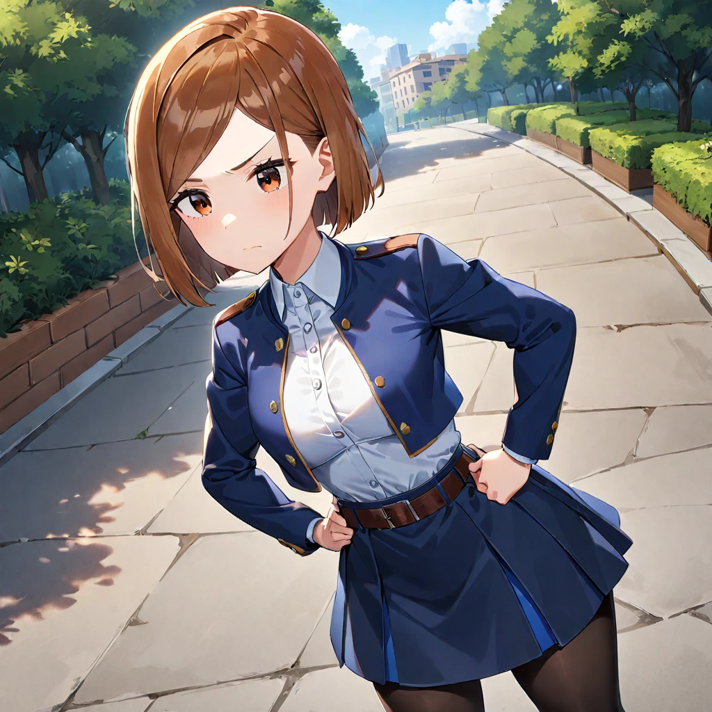 1girl, kugisaki nobara, pantyhose, brown hair, solo, hands on hips, short hair, brown eyes, , skirt, high waist skirt, belt, outdoors, breasts, jacket, standing, closed mouth, long sleeves, cropped jacket, black pantyhose, medium breasts, blue jacket, blue skirt, bangs, ((medium quality)), ((medium quality))