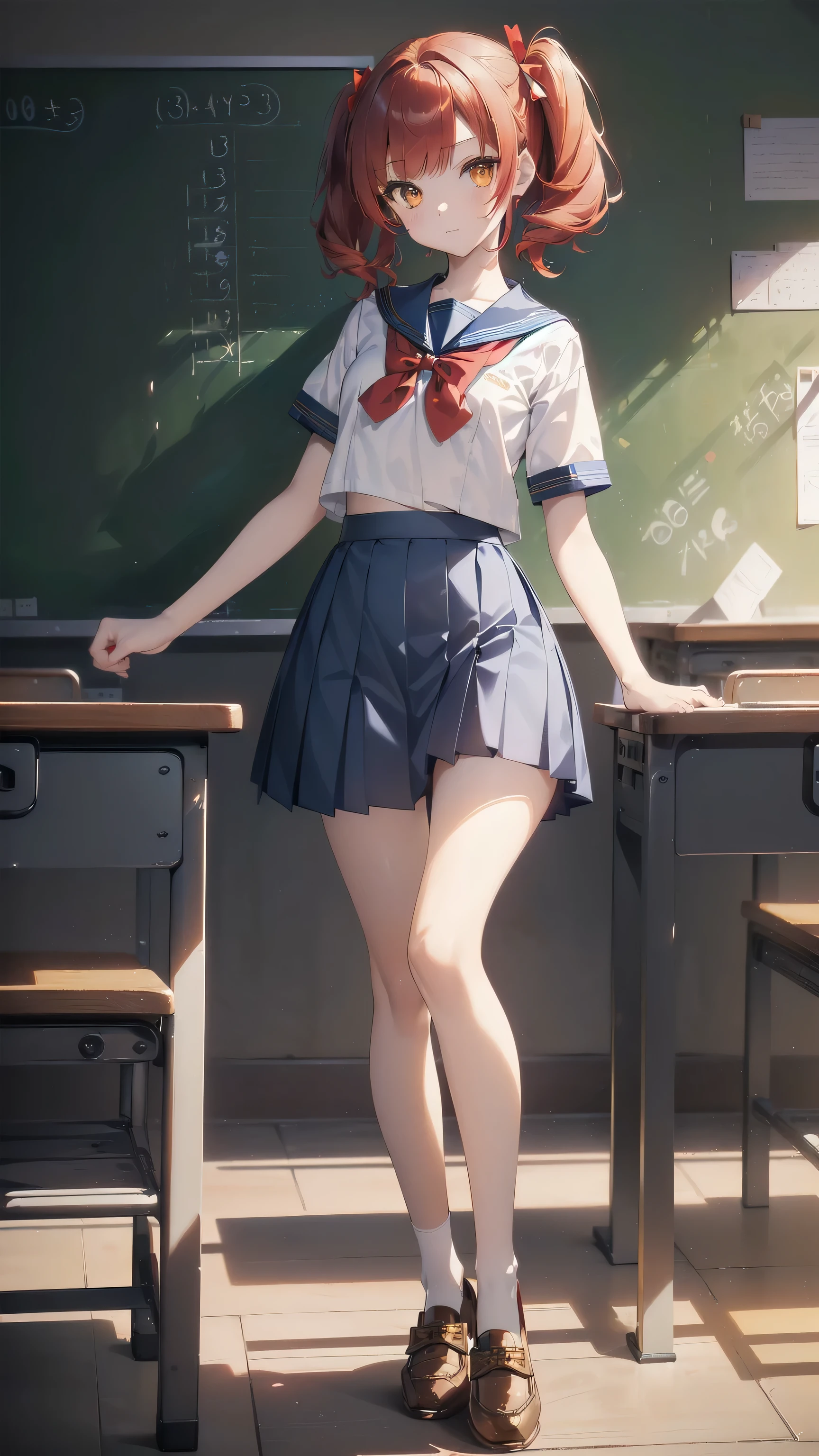 ((top quality, ultra-detailed, high resolution, extremely detailed CG, unity 8k wallpaper, by famous artist, perfect anatomy, super detailed skin, cinematic lighting, UHD, retina, anatomically correct, 1080P)), (Please draw a single one happy girl walking in a classroom school :1.3), ((1girl)), (Solo, face,13-year-old:2.0), a junior high school student, ((cute petit girl, chibi, babyface)) androgynous charm, (Medium hair, ((full red hair)) ((redhead)), pigtails, straight bangs, with a bow in her hair, ((very thin legs)), ((skinny legs, thin body, small build)), Full limbs, complete fingers, ((perfect fingers and hands)), flat chest, small breasts, childish body, small butt, groin, Beautiful detailed full yellow gold eyes, perfect eyes, sailor , ((blue skirt)) and white blouse, ((red bow on the blouse)), blue sailor collar, short sleeves, without stockings, (Detailed Lighting), ((classroom background)), (Detailed scenary background), ((in the school zone)), full body view, ((standing)), legs. Cute, kawaii single girl (one girl), full body shot. ((Background is the school)), front body, ((little young body:1.3))