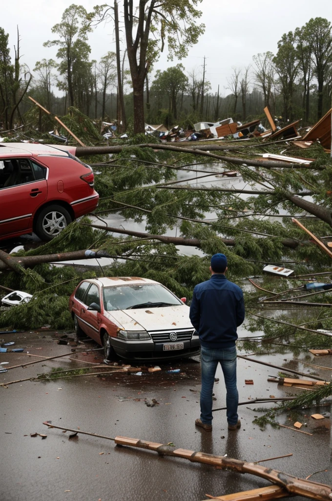 Man standing in the middle of the mess left by a storm, Destroyed houses , crashed cars fallen trees 
