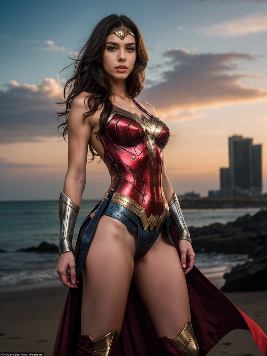 Create an image of a sexy and tall dark brunette with slightly wavy hair, standing at 175cm tall. The woman should be dressed as Wonder Woman, showcasing her hot armor and amazing physique with an hourglass silhouette. The background should be a destruction scene, adding to the dynamic and alluring nature of the image. The overall look and feel of the image should be that of a dynamic and alluring scene, with a focus on creating a dynamic and alluring image that showcases the woman's sex appeal as a superhero, viki odintcova