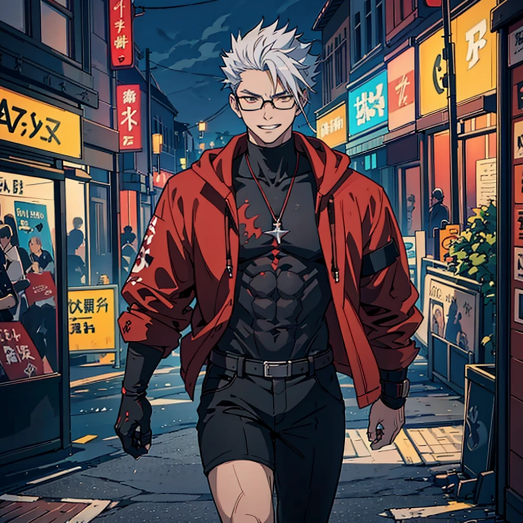 16K, High resolution, RTTX 10.0, Ray Tracing, Top quality masterpiece, Awards, Talked about at the art station, very beautiful, Perfect anatomy and highly detailed face, Glowing Eyes, Fine grain, Accurate drawing, Beautiful Hair, Detailed Background, Edgy, One person, Man in his late 20s, Well-groomed Mafia, Red hoodie and black pants, Warm, loose-fitting clothing, Rough youth fashion, Dystopian criminals, Yakuza with a scar on his face, Dark Signs, Malicious grin, A villain with a rugged face, Slightly muscular, dark brown skin, shaved, White or silver hair, thick black rimmed glasses, Provocative smile, Unscrupulous atmosphere, Outdoor, Backstreet Street Art, A rainy city illuminated by neon lights, A gangster with a scar on his nose, A violent criminal with a horizontal scar across his face, 180cm tall thug, Injured Villain,