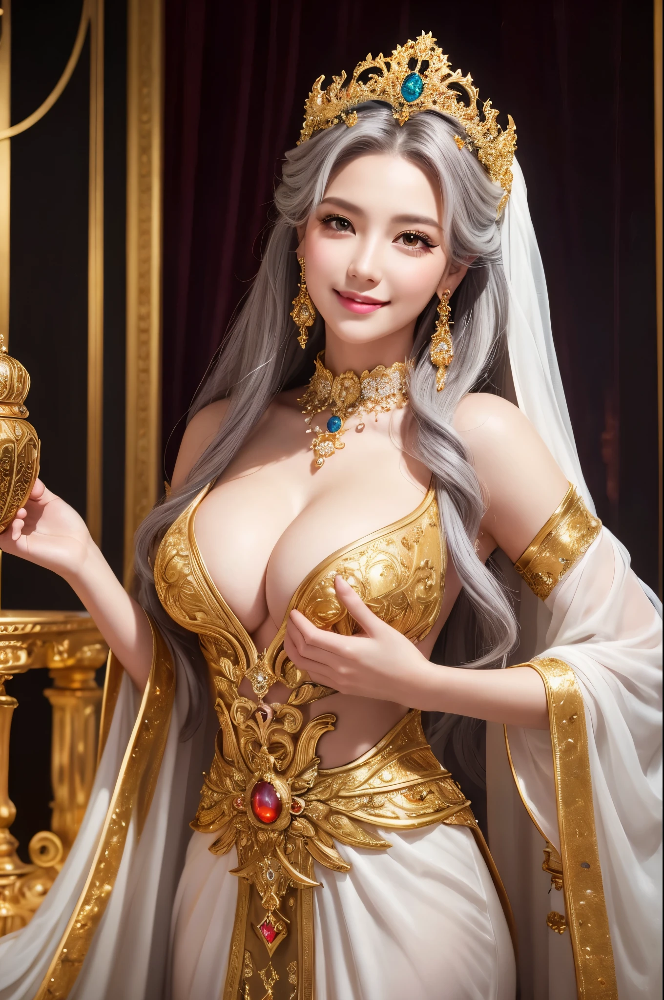 8K,Empress goddess wearing a gorgeous white dress, Gray Hair,Mature goddess with very very large breasts,Super Beauty(Like the real thing)Ultra-realisticな肌,sexy goddess costume,Beautiful long white hair,Delicate and detailed golden decoration,Fan Art Best Art Station, ig model | art gelm, Beautiful Fantasy Empress, art gelm. Highly detailed ArtGerm, 2. 5d cgi anime fantasy artwork, wlop and ross tran, ((Beautiful Fantasy Empress)), Trending on cgstation, Ross Tran and WLOP,big earrings with red gems,とても優しいsmile,very large firm breasts,,A mature motherly goddess,Look at the viewers,Golden Eyes,Goddess of Beauty,Rich colors, Backlight, Cinema Lighting, Film Grain, 50mm lens, Nikon D850,smile,Ultra-realistic,Photorealistic RAW photos of the highest quality,Makeup,