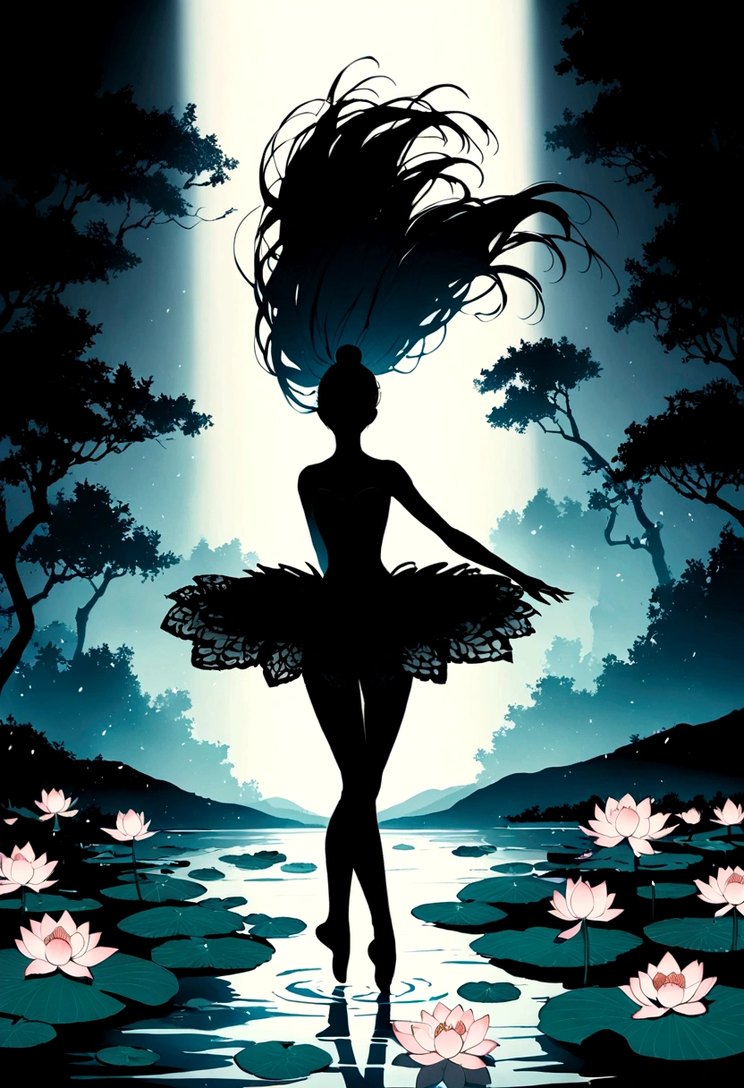 rainstorm,Rain splash,Huge waterspout,Girl shows black silhouette,Contrast with bright background,ballet silhouette,High contrast,Silhouette ballerina on the lake,lotus, lily pad,Shooting against the light,