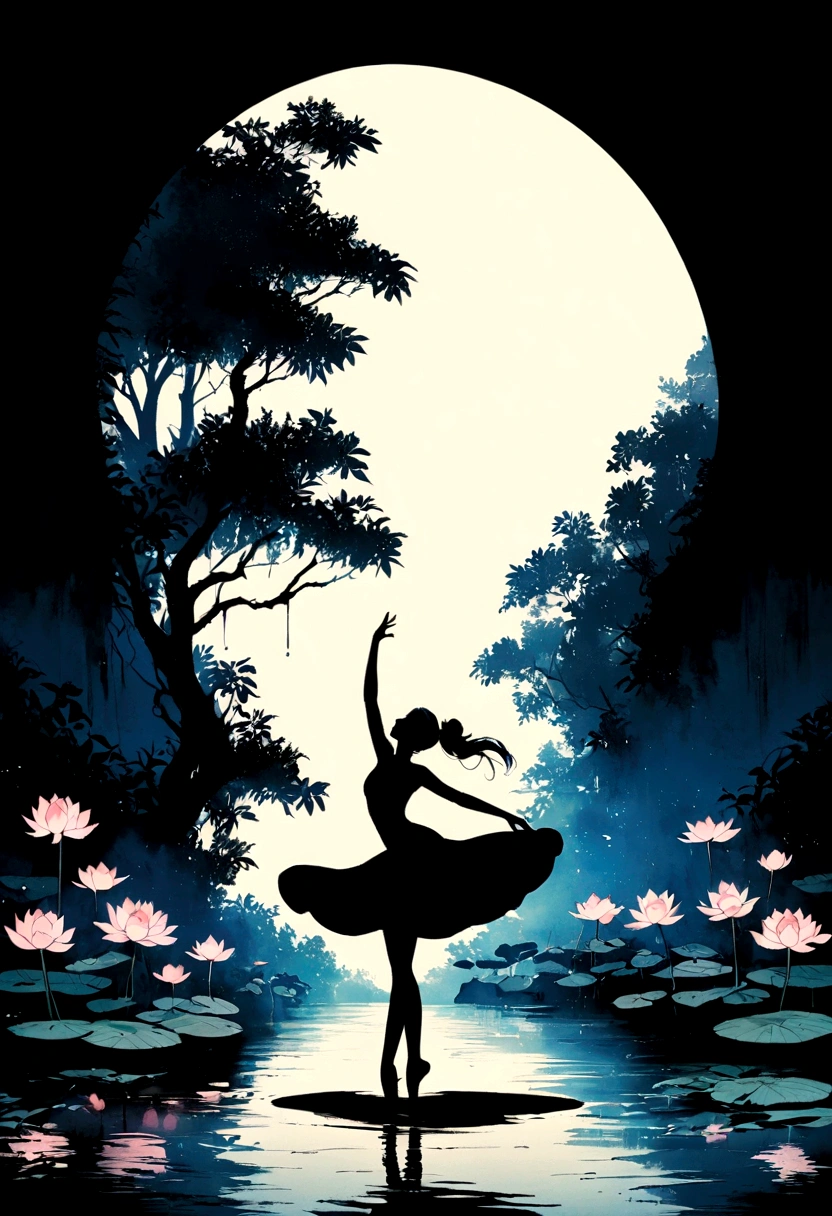 rainstorm,Rain splash,Huge waterspout,Girl shows black silhouette,Contrast with bright background,ballet silhouette,High contrast,Silhouette ballerina on the lake,lotus, lily pad,Shooting against the light,