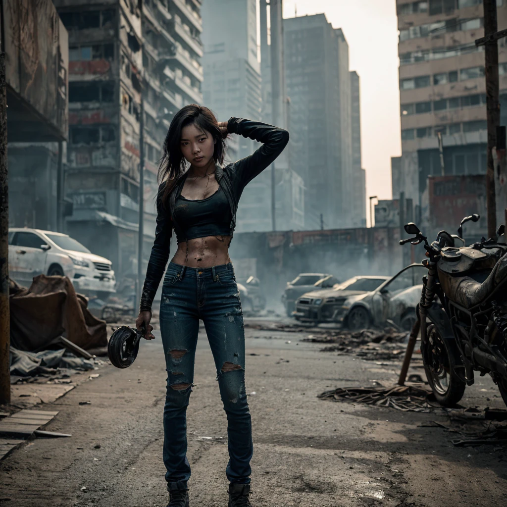19 year old Korean girl, skin fair, some scratches on the body and a little dirty, in a post apocalyptic zombie world, tight shiny black jeans, tight black cropped short, holding an epée, scenery around city destroyed by zombies, dark environment at night, athletic and well-defined physique.