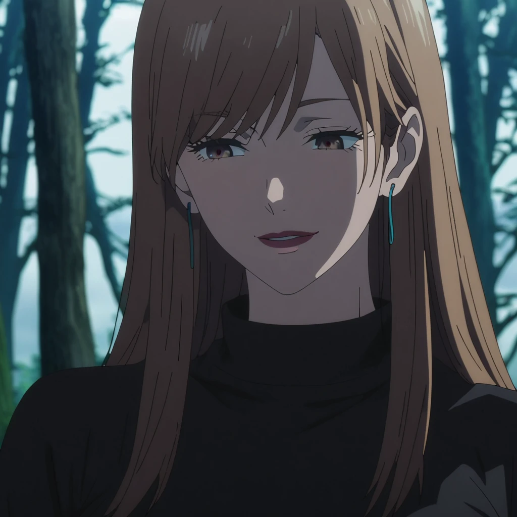 1girl, female gojo satoru, anime screencap from jujutsu kaisen, gojo satoru female version, solo, long_straight hair, blue eyes ((Dark Brown_hair, straight hair)), forest background (hanging breasts) upper_body, smile, brown_eyes, lips (straight hair, swept bangs) (wearing round sunglasses) ((wearing black sweater outfit)) breast, "very detailed and high resolution" (brown eyes) ((solo)) (front view) (earings) ((high resolution)) ((good quality)) ((swept bangs))
