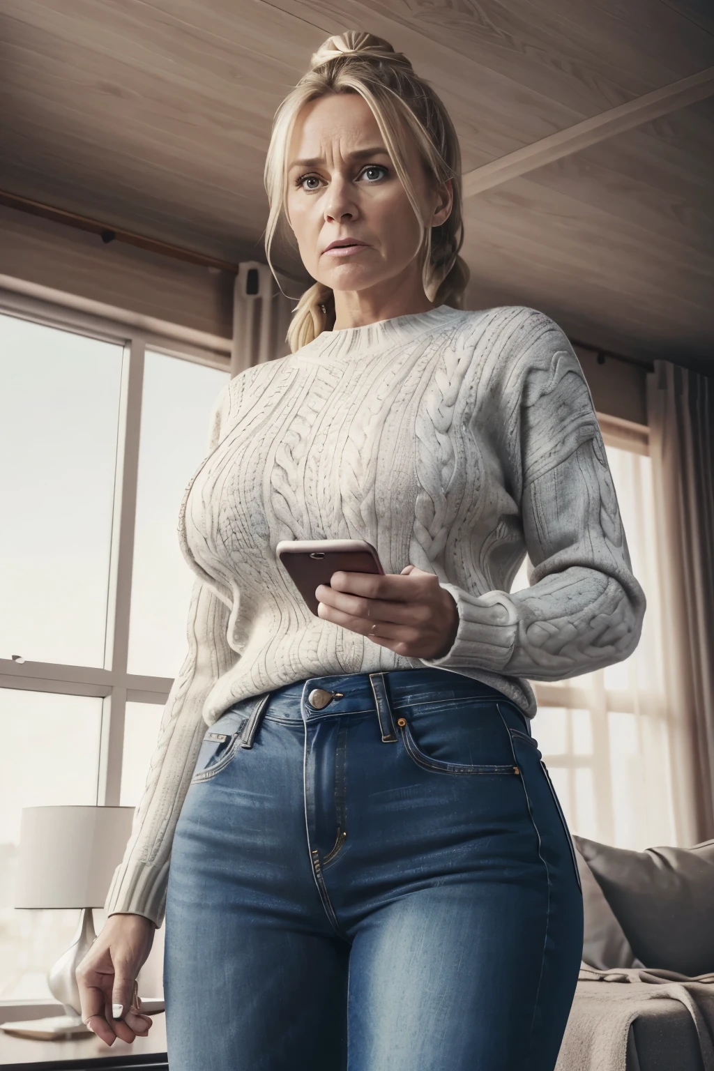 Highly detailed CG Unity 8k wallpaper, masterpiece, realistic, ((1girl)), (A beautiful strong 45 year old Norwegian woman Sofie Hansen with blonde hair tied up as a ponytail and mature look, shocked angry expression screaming with mouth open staring at the screen of her iphone:1.2, wearing a wool sweater and tight jeans), ((perfect big breasts)), (female IFBB physique, muscular thighs), (living room)