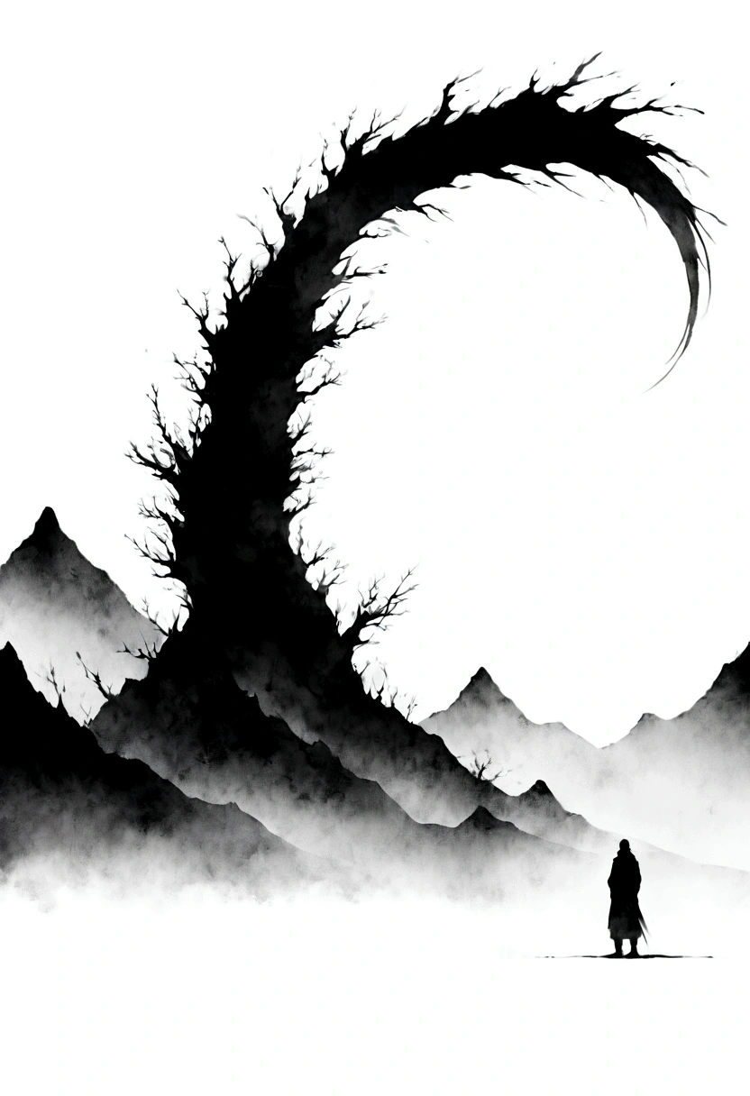 (Lots of white space:1.5),(Lots of white space:1.6), Huge negative space,White background, simple, Minimalism, Abstract,Hand Painted,Aesthetic,black and white,Ink Painting,Mountain,solitary Man