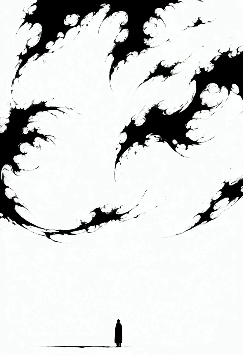 (Lots of white space:1.5)，(Lots of white space:1.6), Huge negative space,White background, simple, Minimalism, Abstract,Hand Painted，Aesthetic，black and white，Ink Painting，Mountain，solitary Man