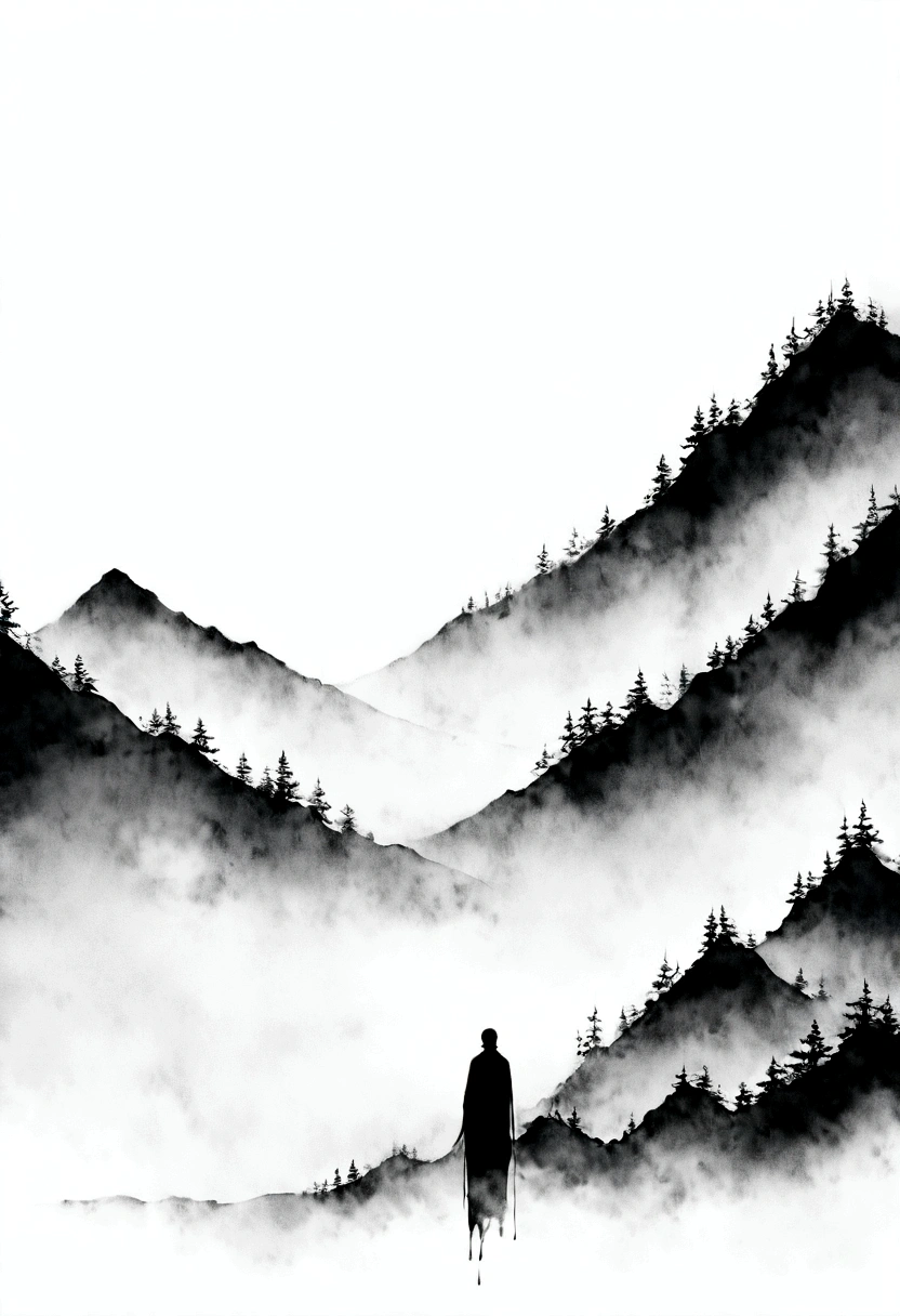 (Lots of white space:1.5),(Lots of white space:1.6), Huge negative space,White background, simple, Minimalism, Abstract,Hand Painted,Aesthetic,black and white,Ink Painting,Mountain,solitary Man