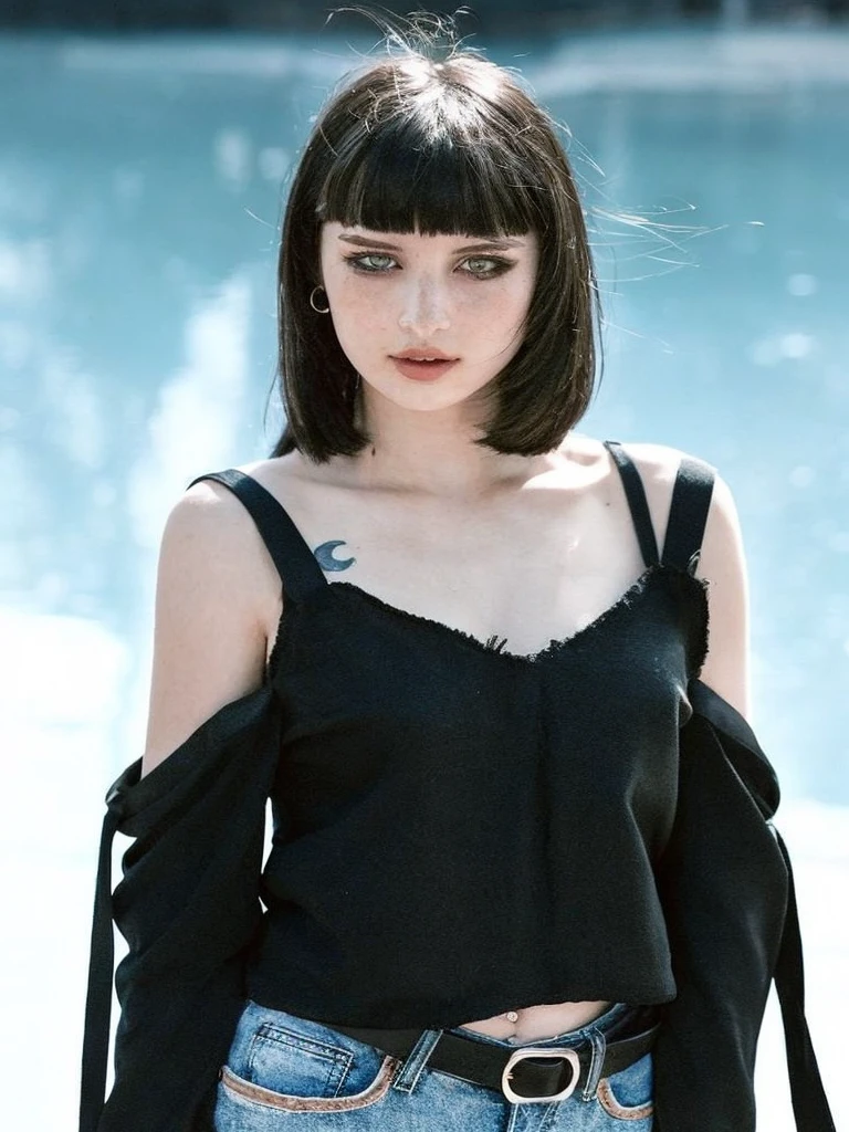 Pale teenage girl with silky black hair and bangs above her eyebrows, with small pink lips and a potato nose and light green eyes, taking a photo looking at the camera and the sun hitting your face and good quality