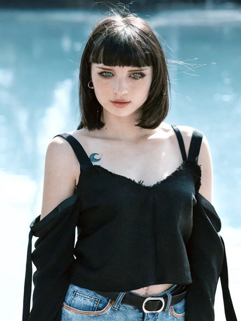Pale age girl with silky black hair and bangs above her eyebrows, with small pink lips and a potato nose and light green eyes, taking a photo looking at the camera and the sun hitting your face and good quality