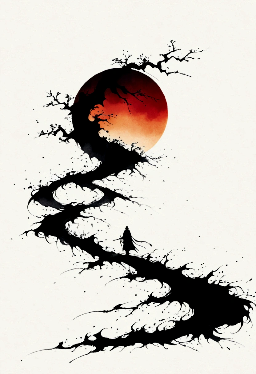 中国Ink Painting, Gray and White, Minimum,White background,The Trail, Minimalism, Huge negative space, Ink Painting, Abstract，Blood-stained sunset，solitary Man