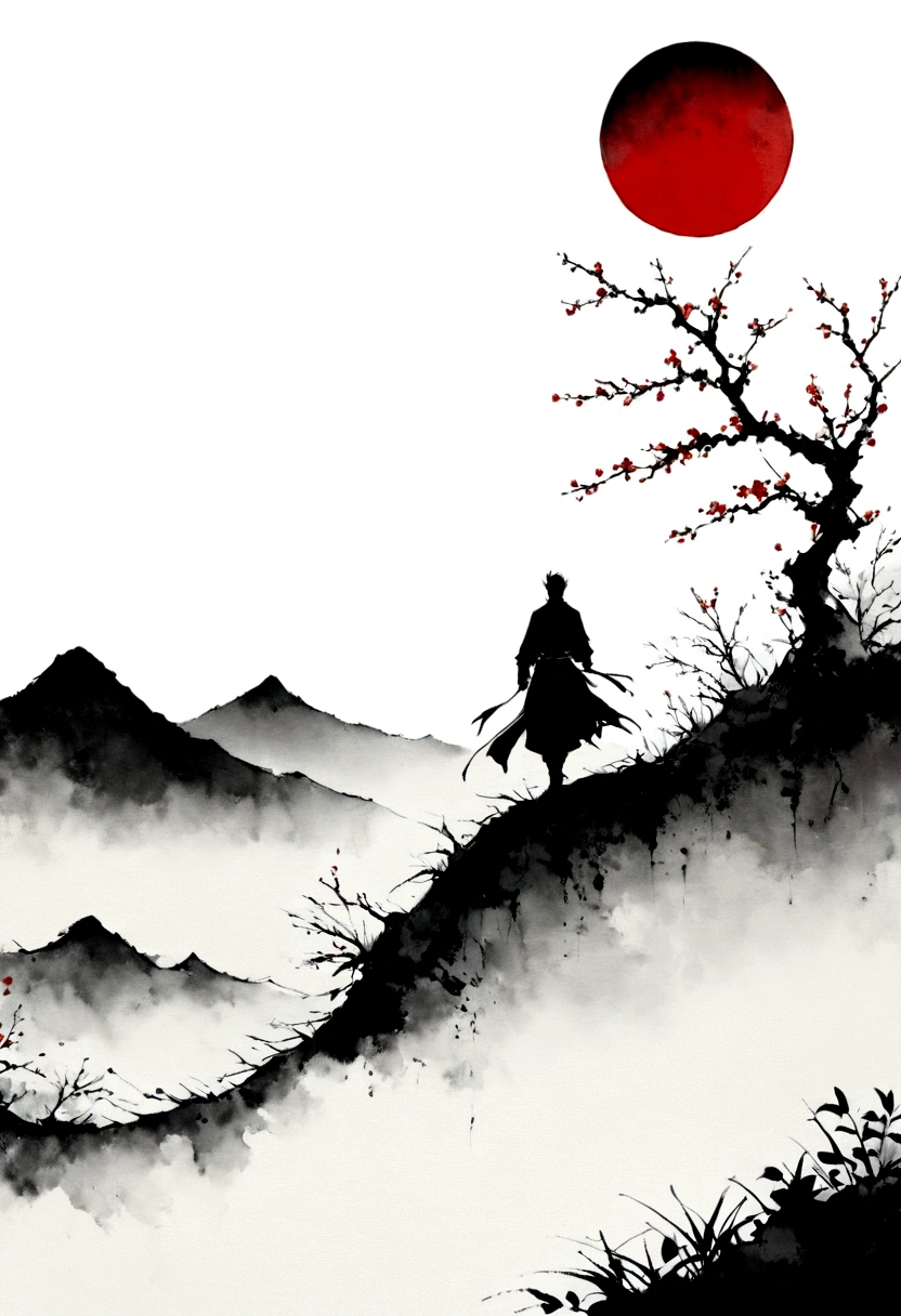 中国Ink Painting, Gray and White, Minimum,White background,The Trail, Minimalism, Huge negative space, Ink Painting, Abstract,Blood-stained sunset,solitary Man